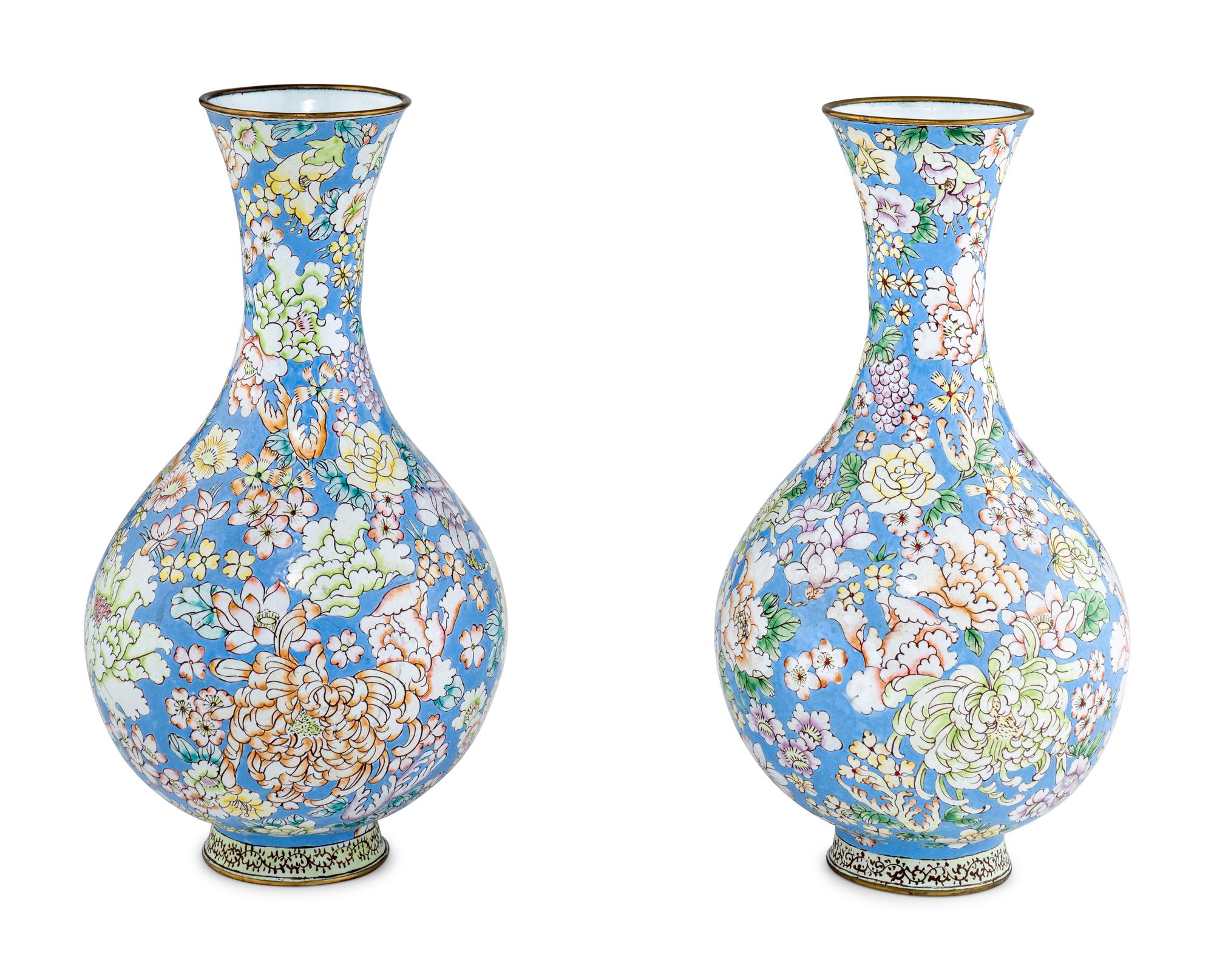 A Pair of Chinese Canton Enamel on Copper Vases