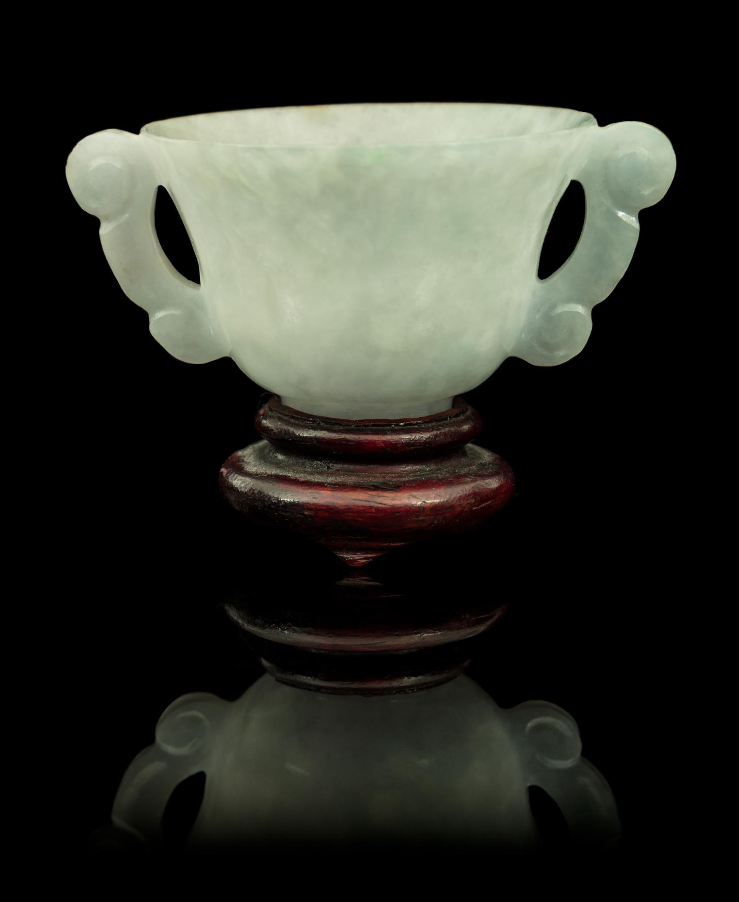 Two Carved Jade Cups Width of first over handles 2 3/4 inches.