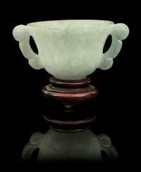 Two Carved Jade Cups Width of first over handles 2 3/4 inches.