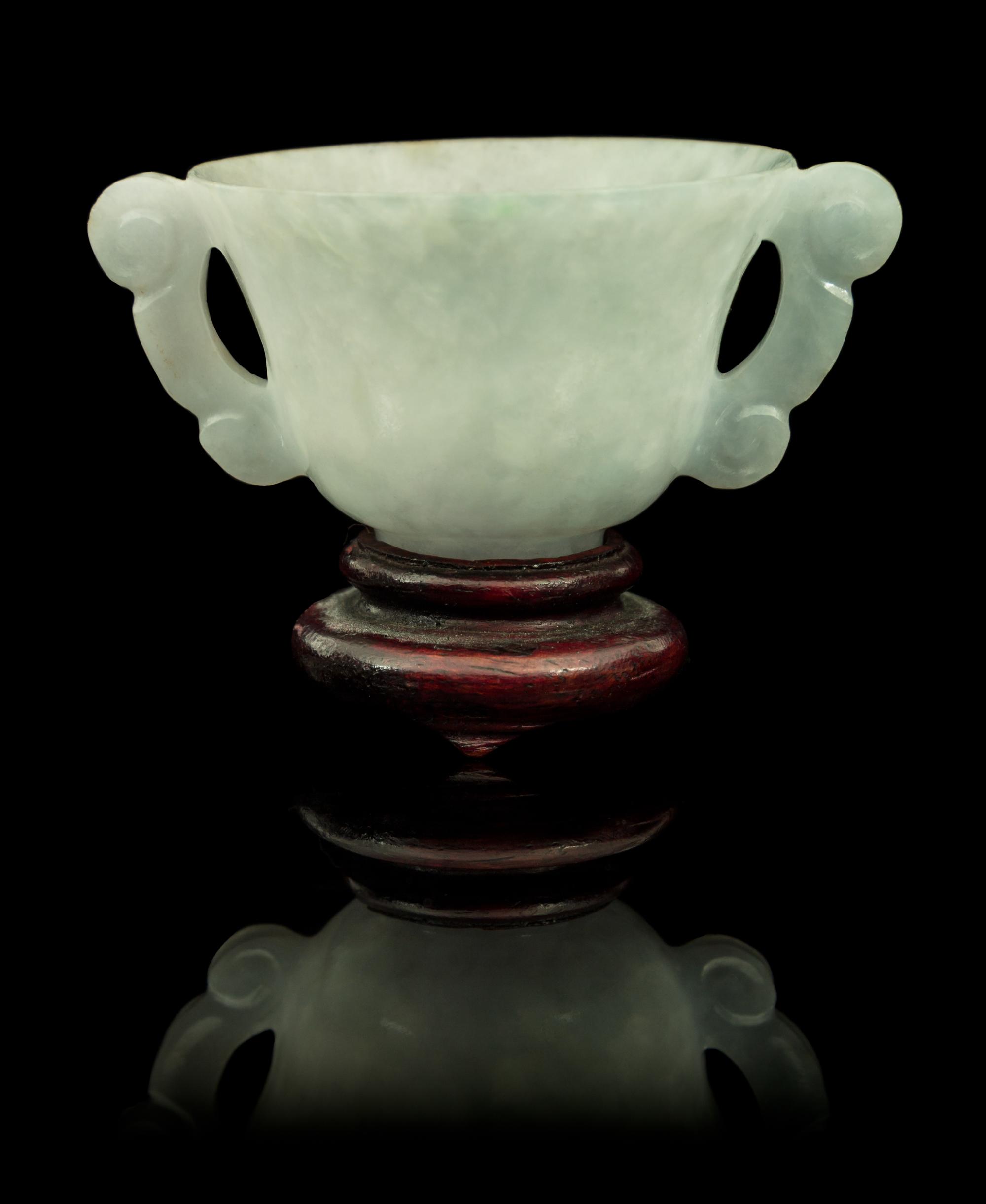 Two Carved Jade Cups Width of first over handles 2 3/4 inches.
