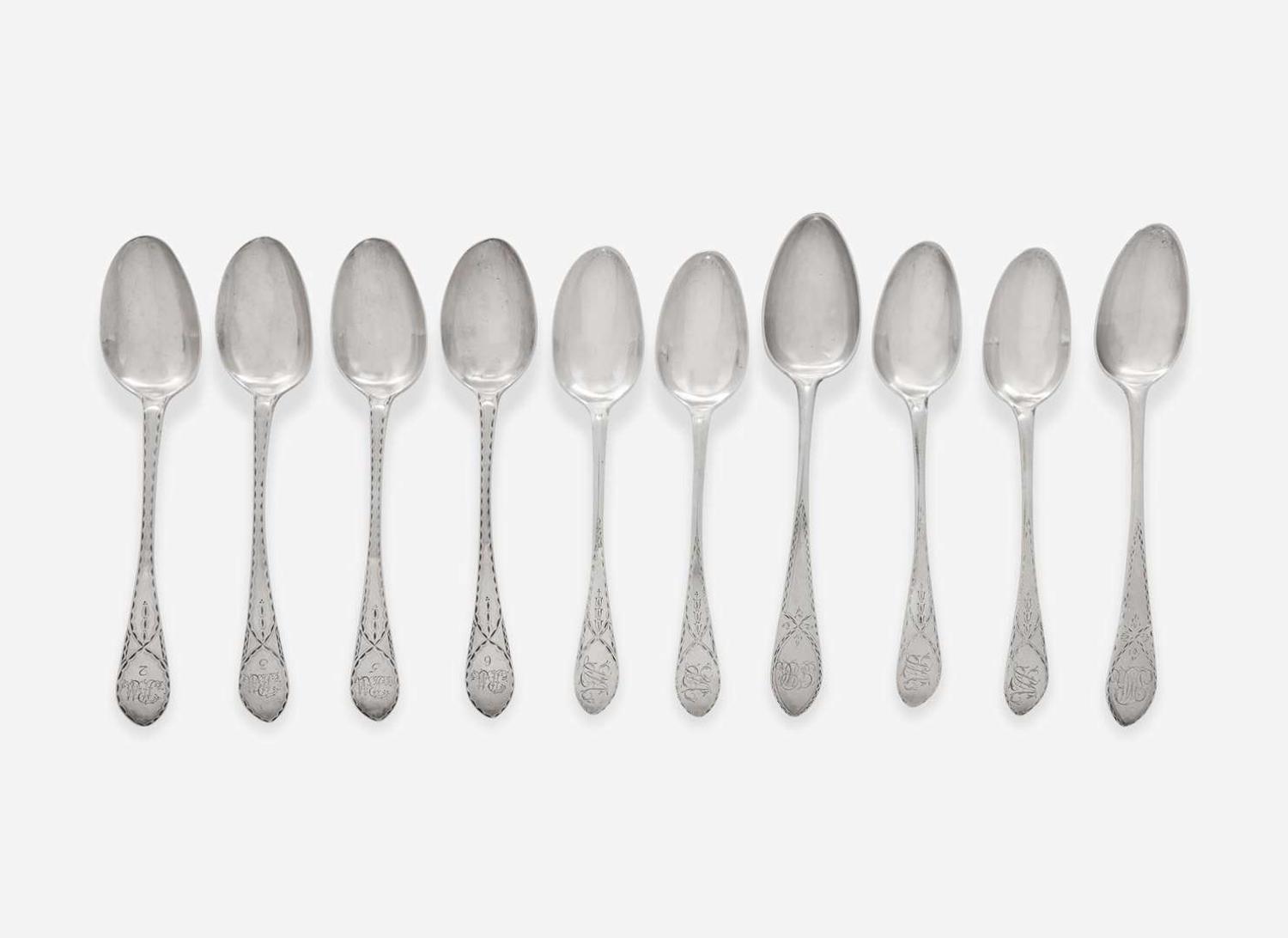 A group of ten silver tablespoons, John Gladding Gibbs (1751-1797) and Saunders Pitman (1734-1804), Providence, RI, circa 1780-1790