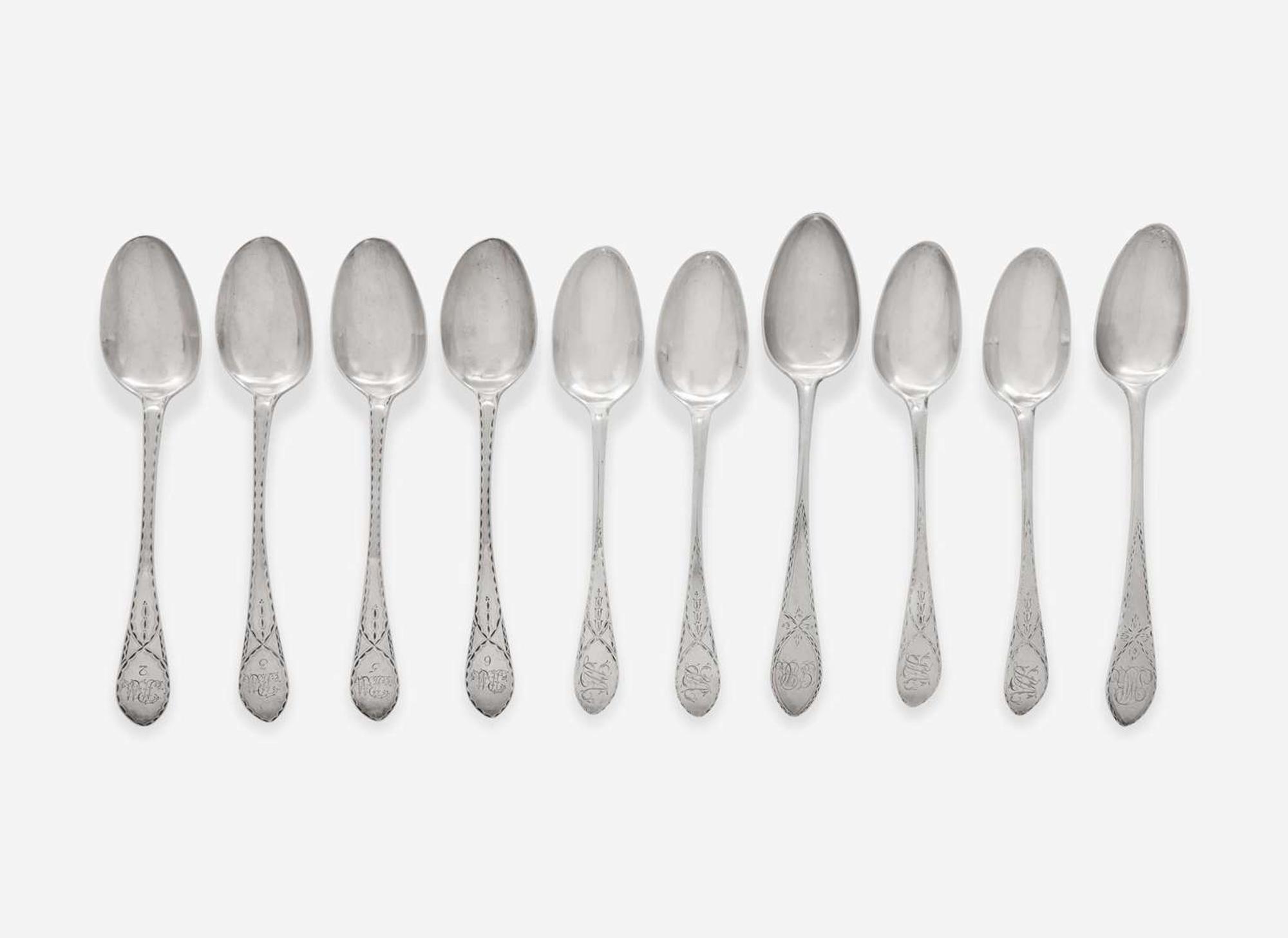 A group of ten silver tablespoons, John Gladding Gibbs (1751-1797) and Saunders Pitman (1734-1804), Providence, RI, circa 1780-1790