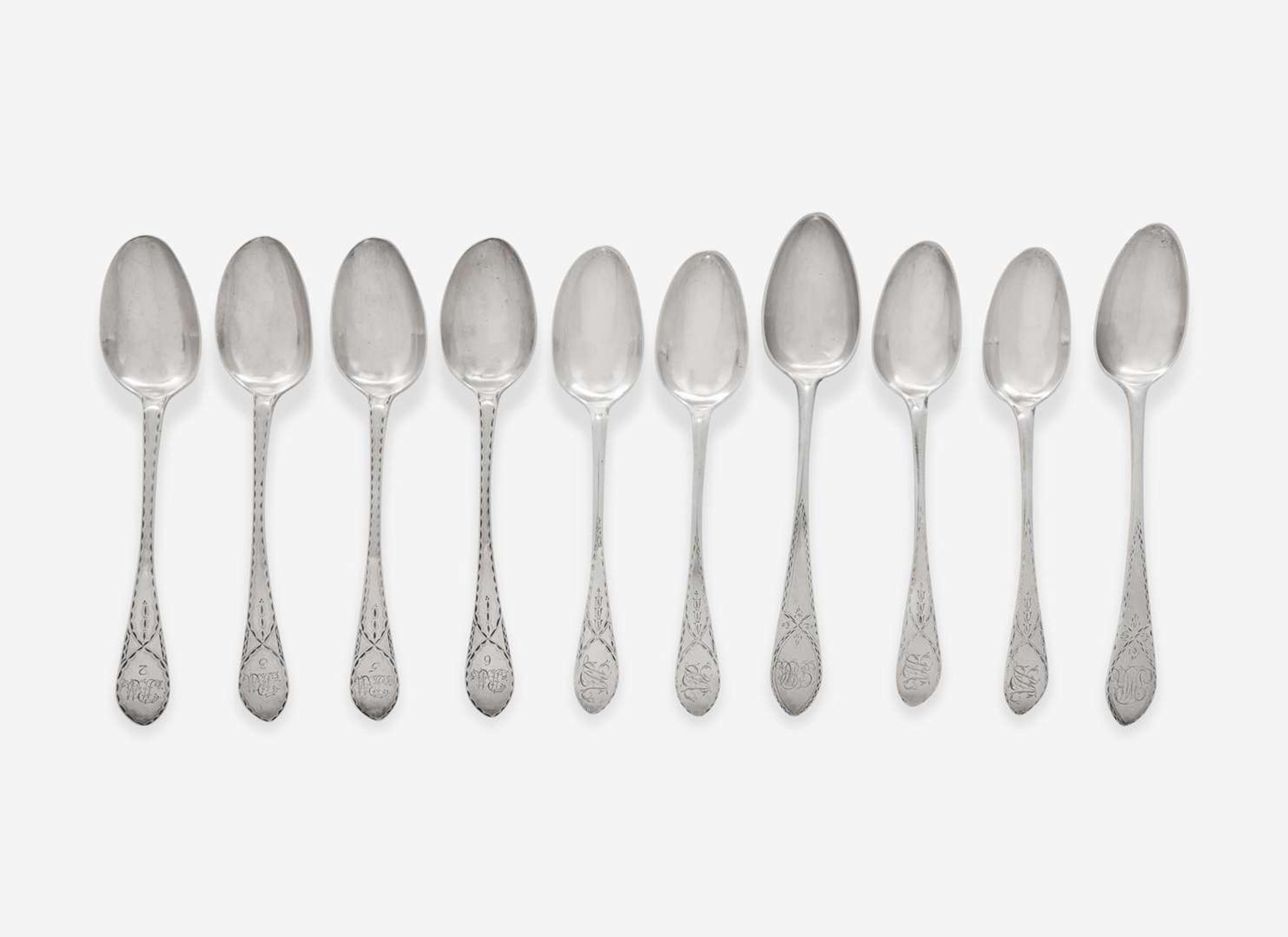 A group of ten silver tablespoons, John Gladding Gibbs (1751-1797) and Saunders Pitman (1734-1804), Providence, RI, circa 1780-1790