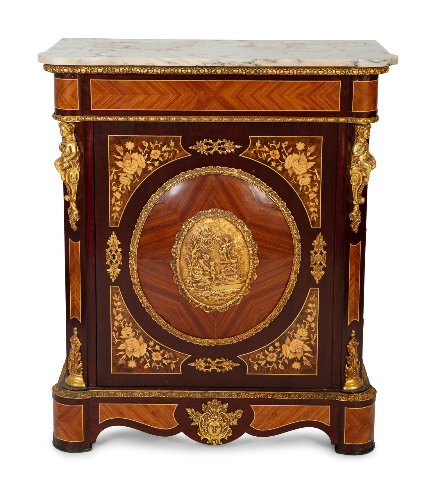 A Napoleon III Style Gilt Metal Mounted Marquetry Marble-Top Cabinet — 20TH CENTURY