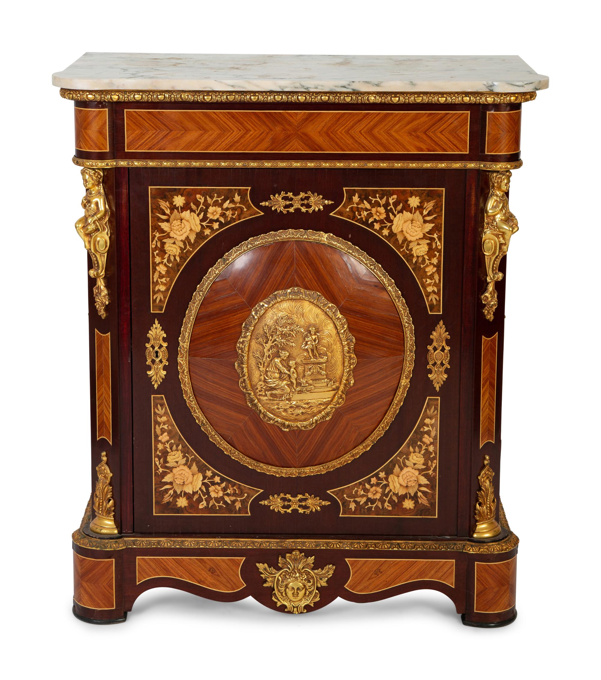 A Napoleon III Style Gilt Metal Mounted Marquetry Marble-Top Cabinet — 20TH CENTURY