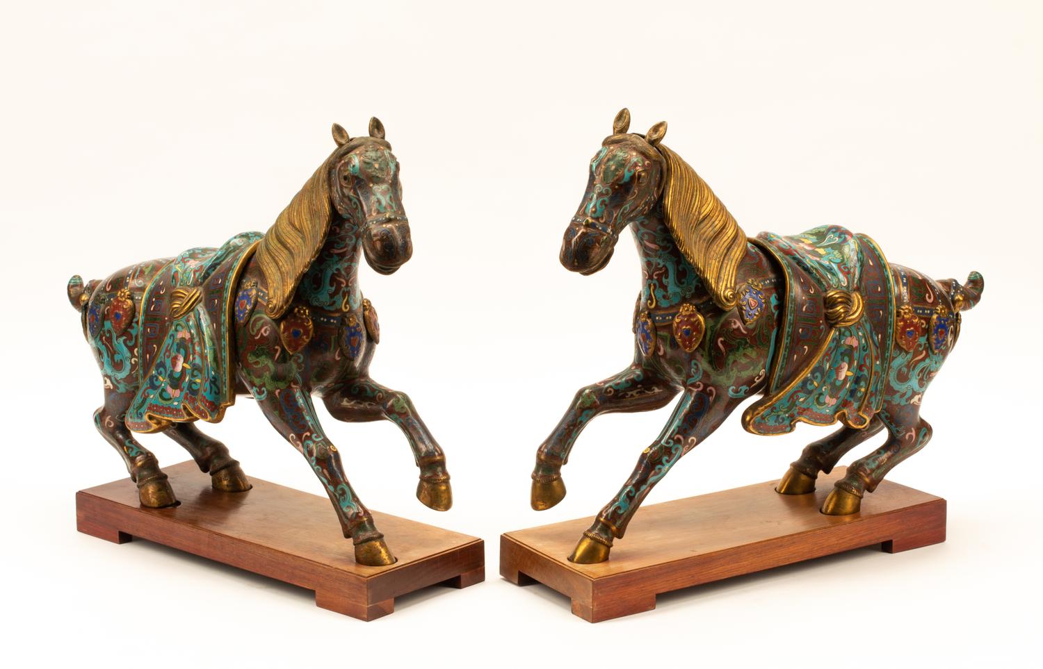A Pair of Chinese Cloisonné Horses with Wood Stands