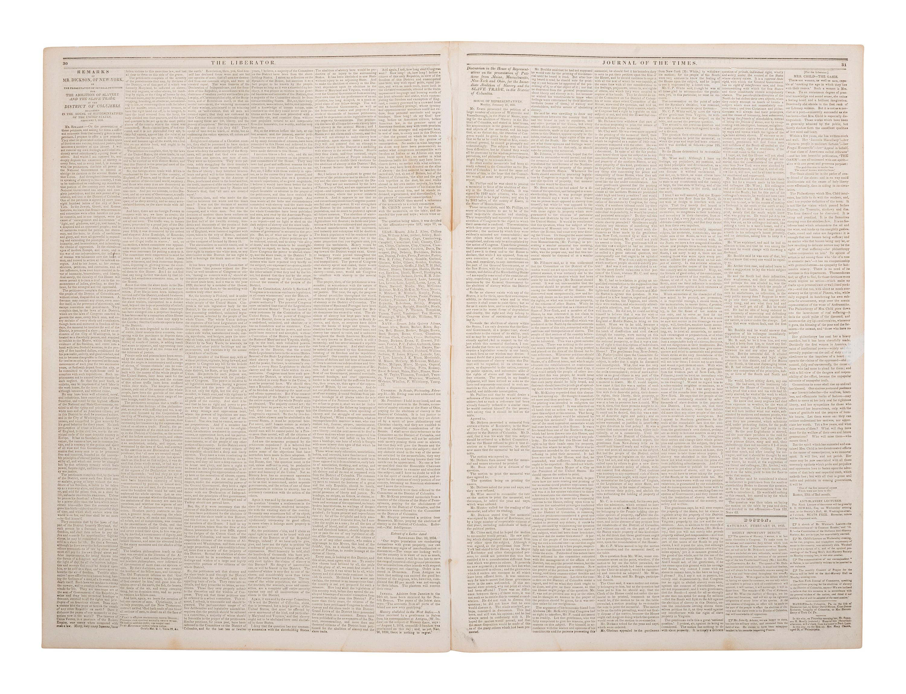 [SLAVERY & ABOLITION]. The Liberator. Vol. V, No. 8. Boston, MA: 21 February 1835.