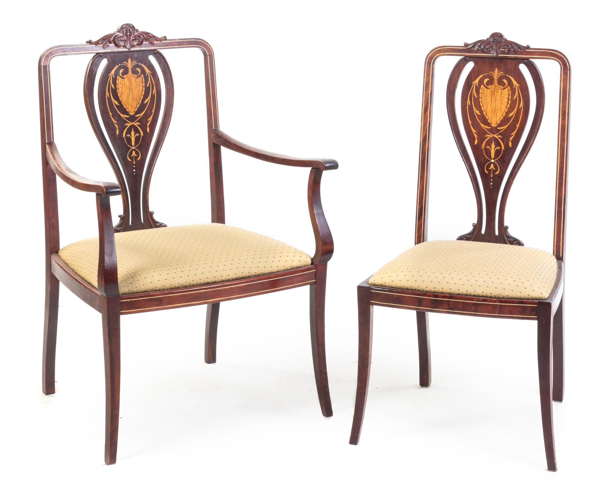 Two Edwardian Style Marquetry Chairs Height of armchair 37 3/4 inches. — EARLY 20TH CENTURY