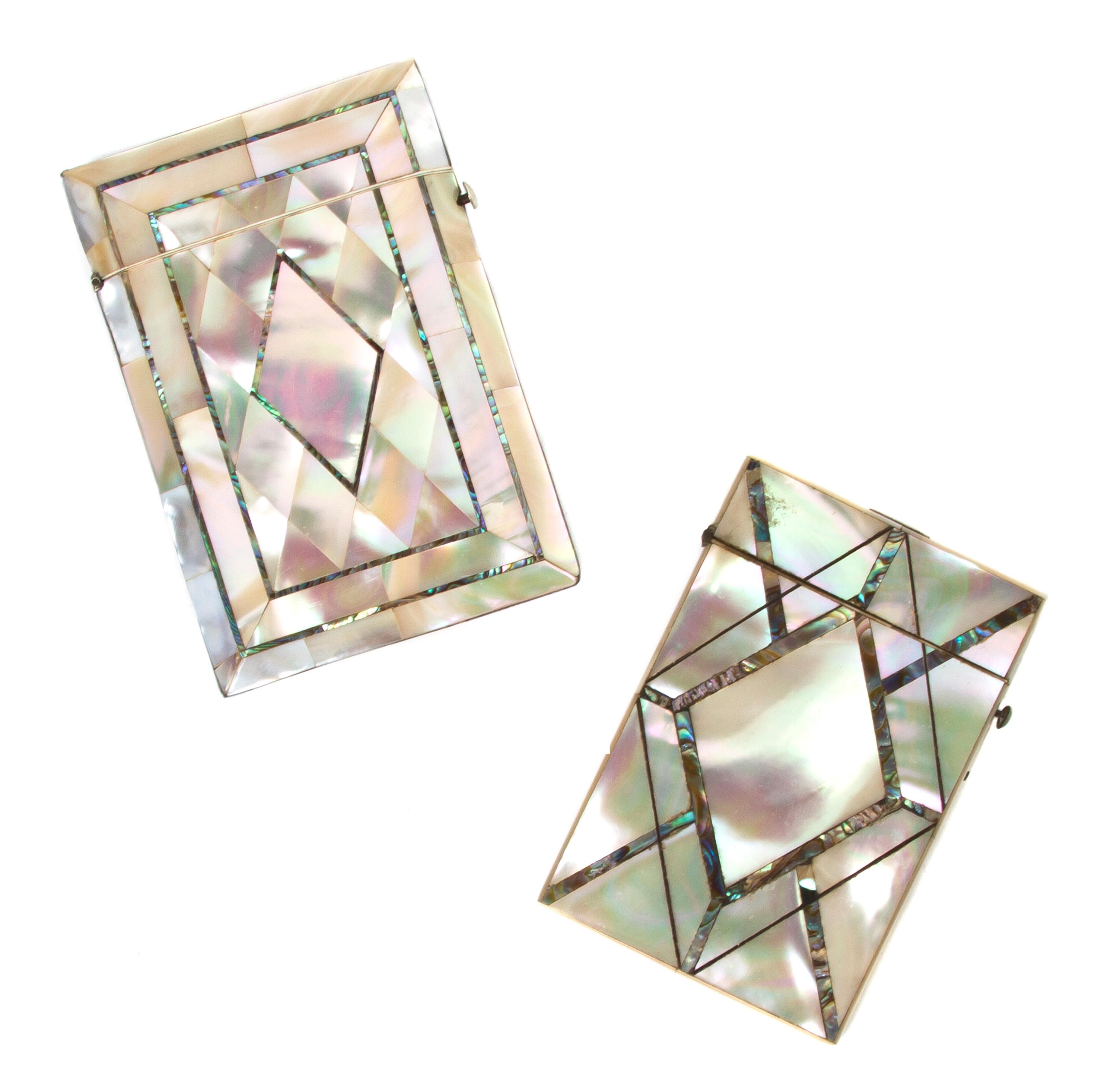 Two Mother-of-Pearl and Abalone Veneered Card Cases, Height 4 1/8 inches.
