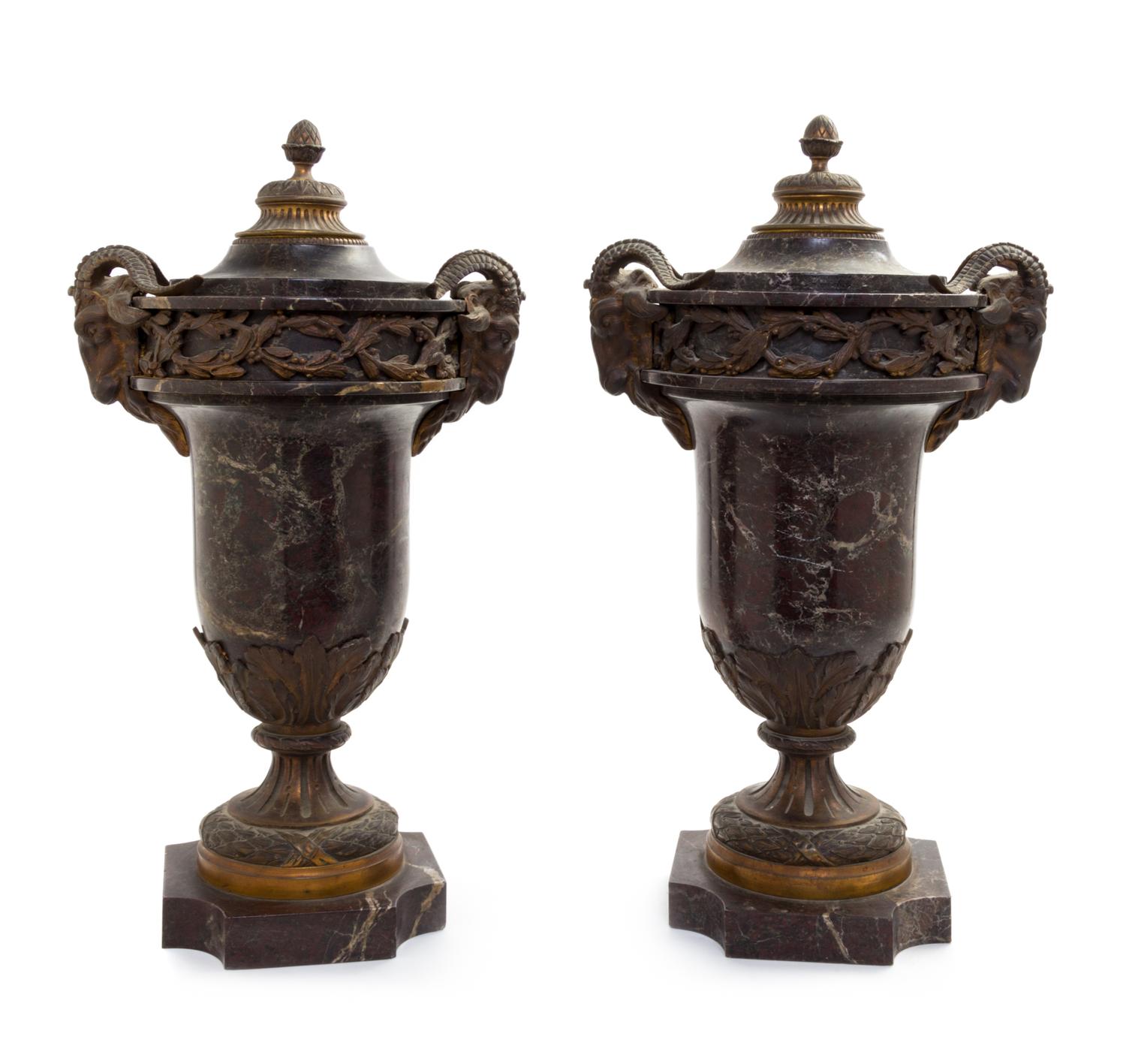 A Pair of Neoclassical Gilt Bronze Mounted Rouge Marble Urns Height 19 1/2 inches.