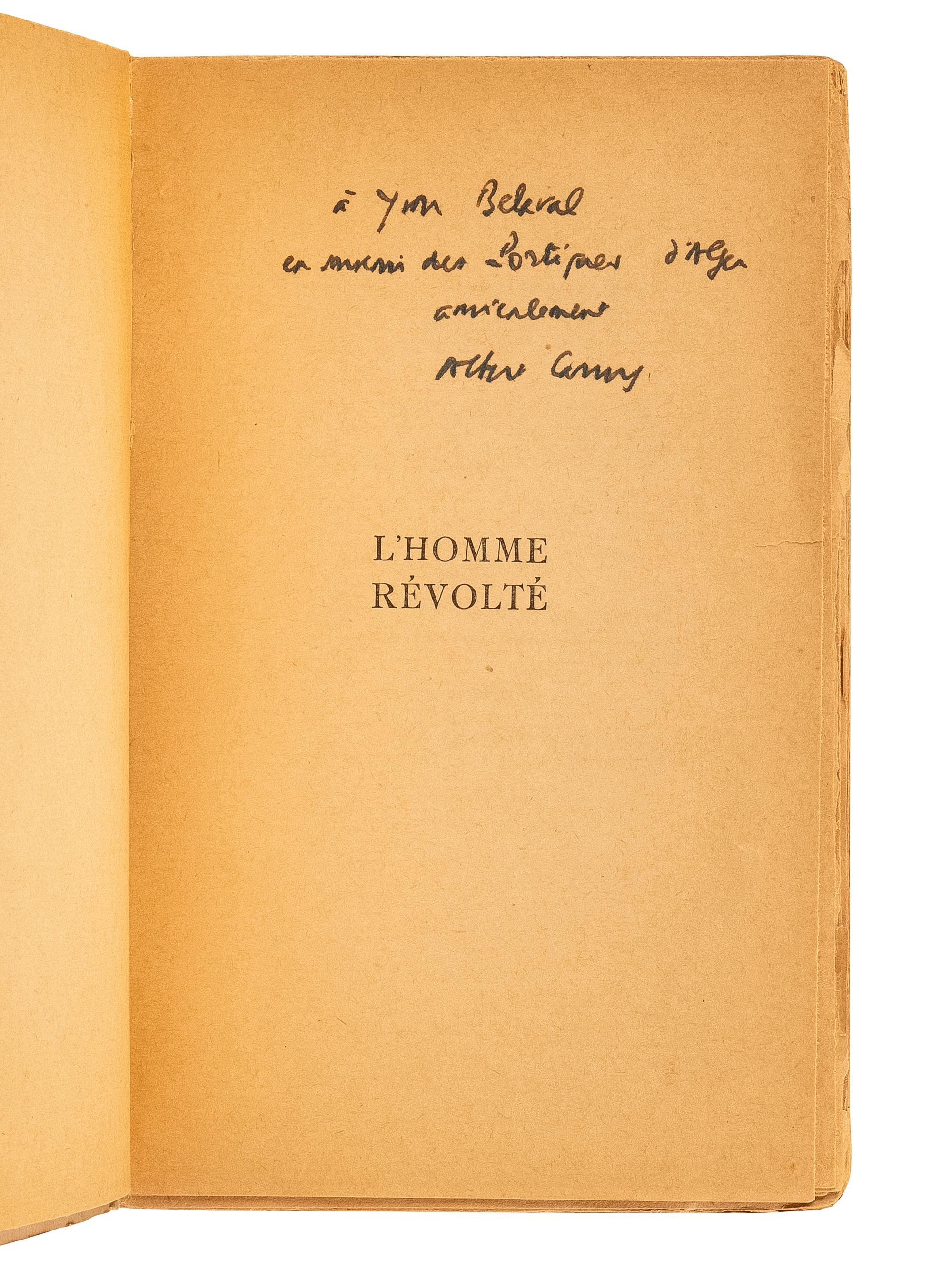 CAMUS, Albert, (1913-1960). L'Homme Revolte . Paris: Gallimard, 1951.