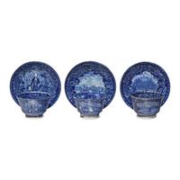 Three Staffordshire Historical Blue Tea Bowls and Saucers