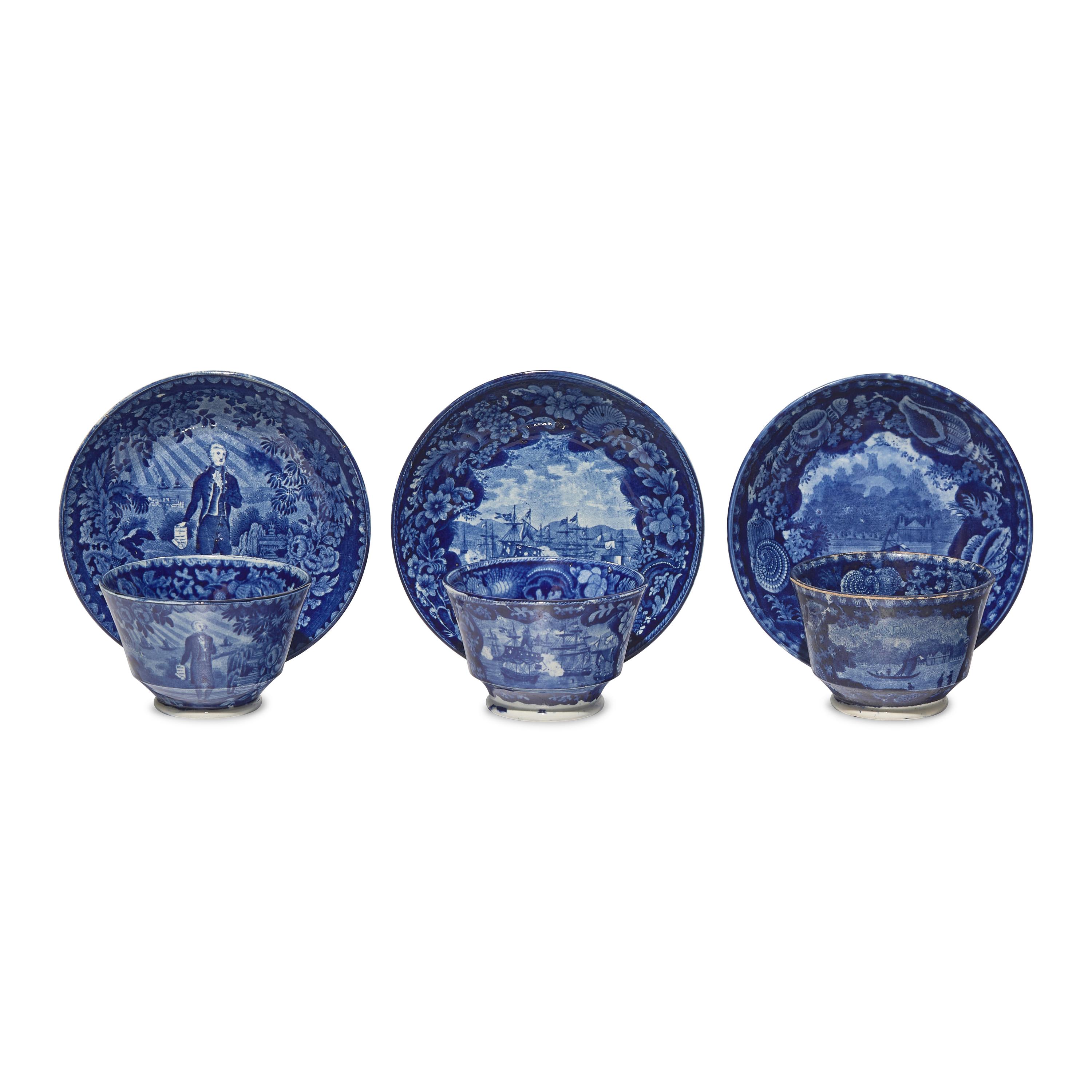 Three Staffordshire Historical Blue Tea Bowls and Saucers