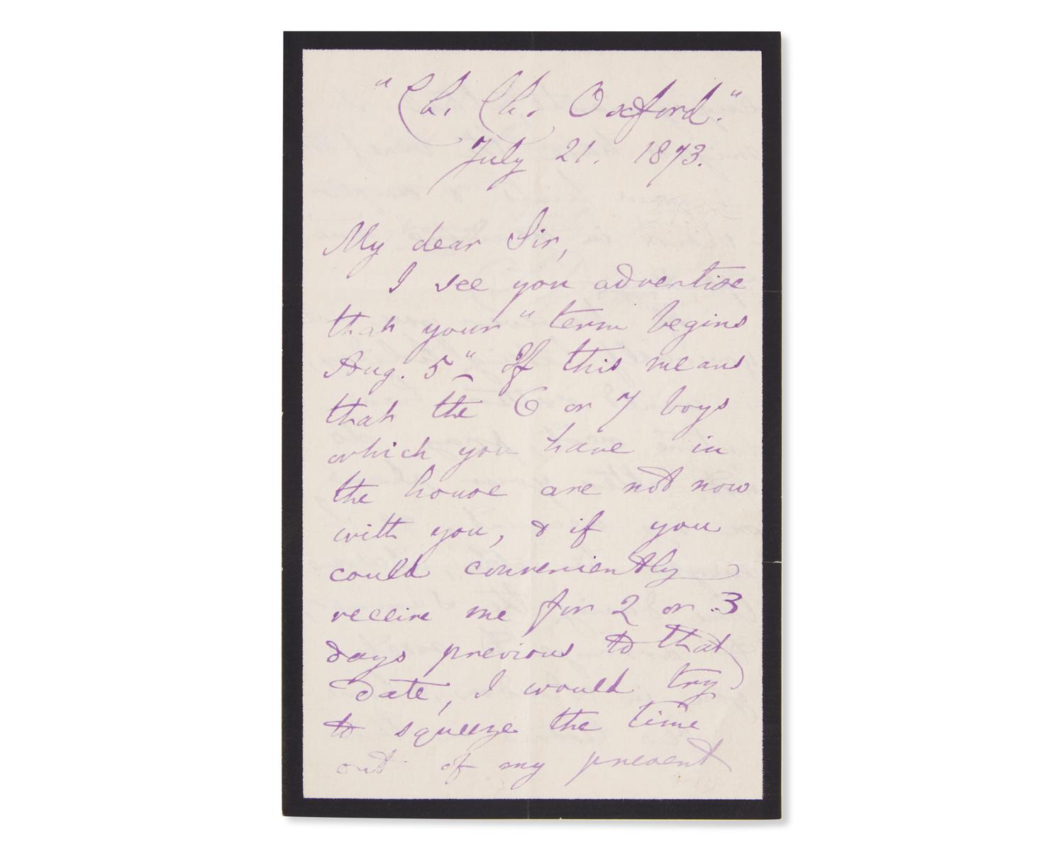 Carroll, Lewis (Charles Lutwidge Dodgson). Autograph Letter, signed