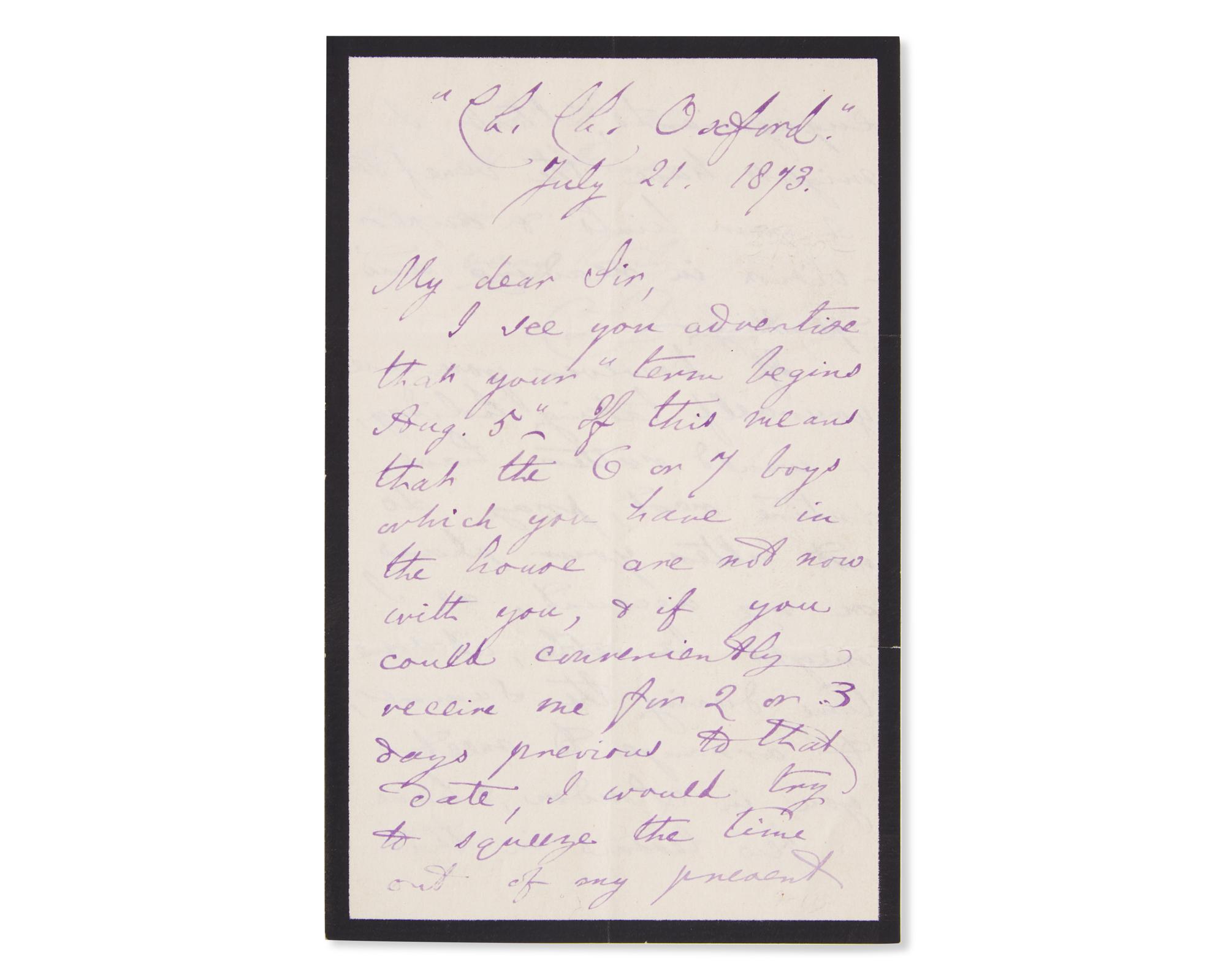 Carroll, Lewis (Charles Lutwidge Dodgson). Autograph Letter, signed