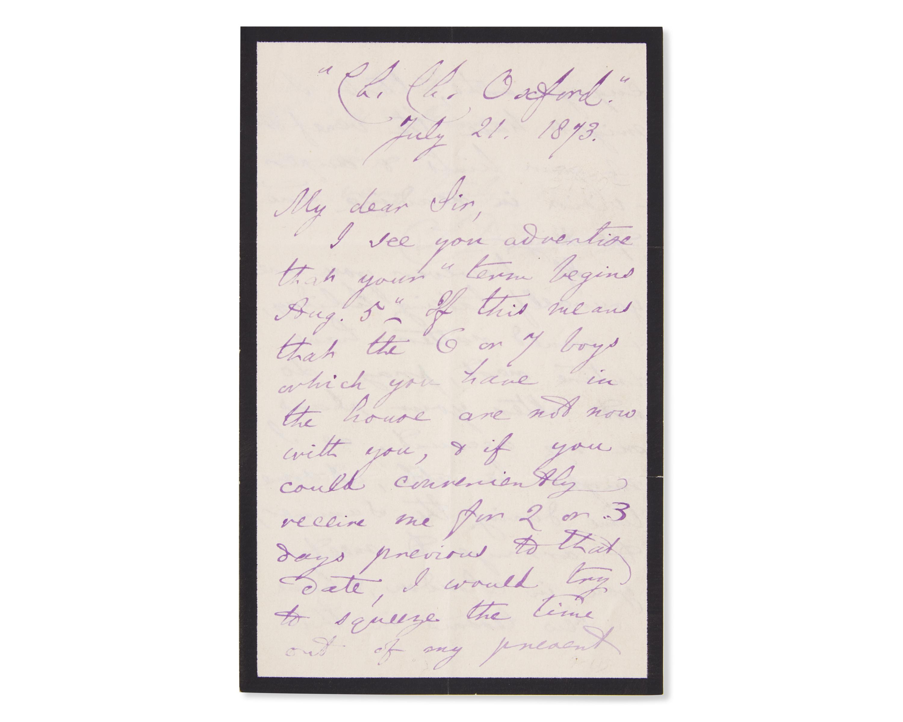 Carroll, Lewis (Charles Lutwidge Dodgson). Autograph Letter, signed