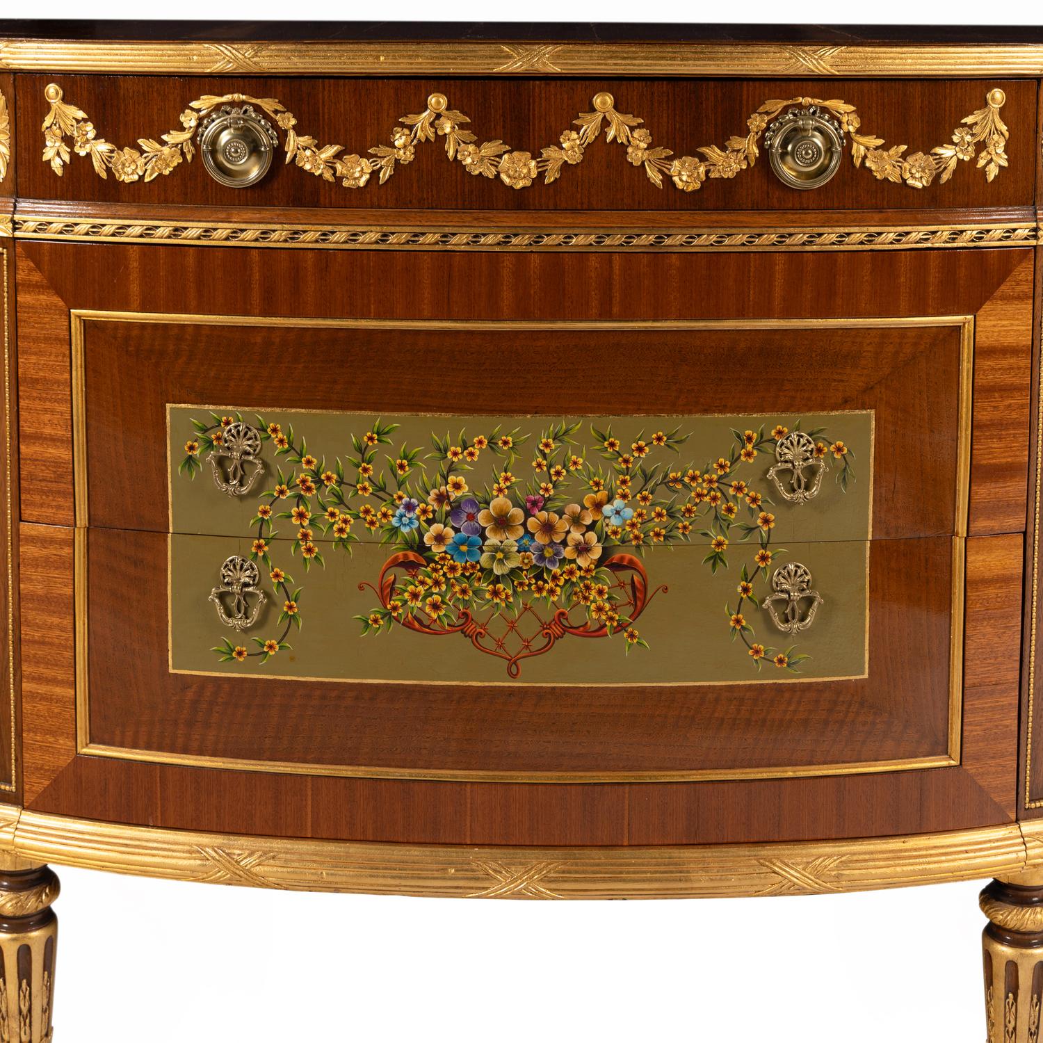 A Louis XVI Style Gilt-Bronze Mounted and Polychrome Decorated Demilune Console Cabinet