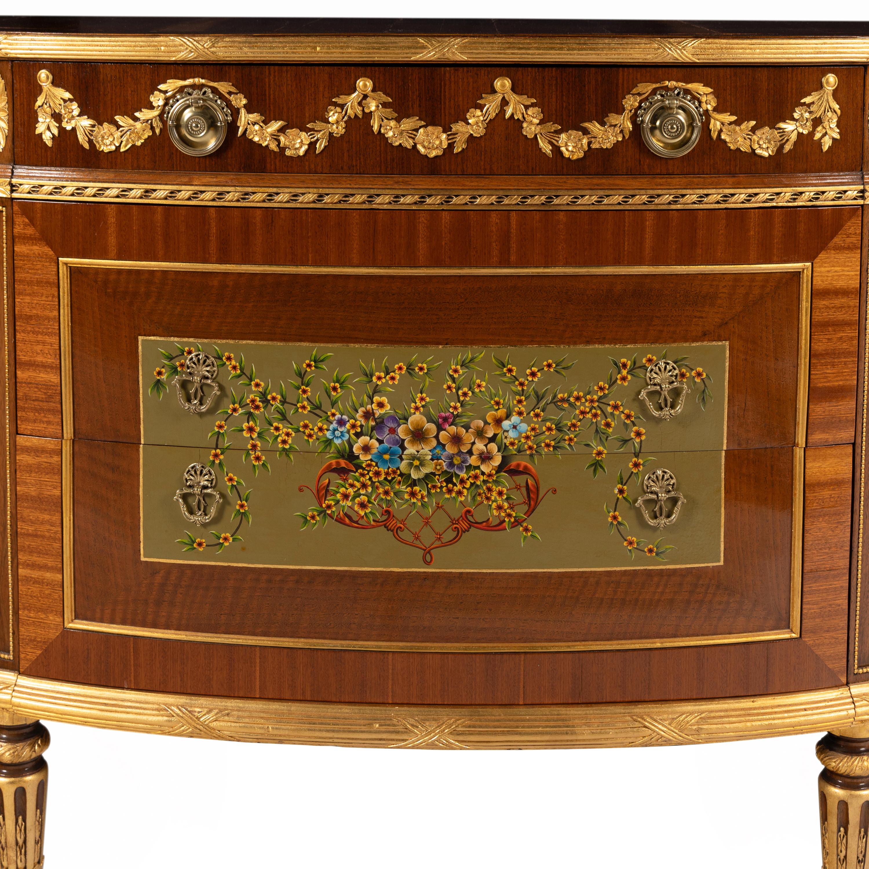 A Louis XVI Style Gilt-Bronze Mounted and Polychrome Decorated Demilune Console Cabinet
