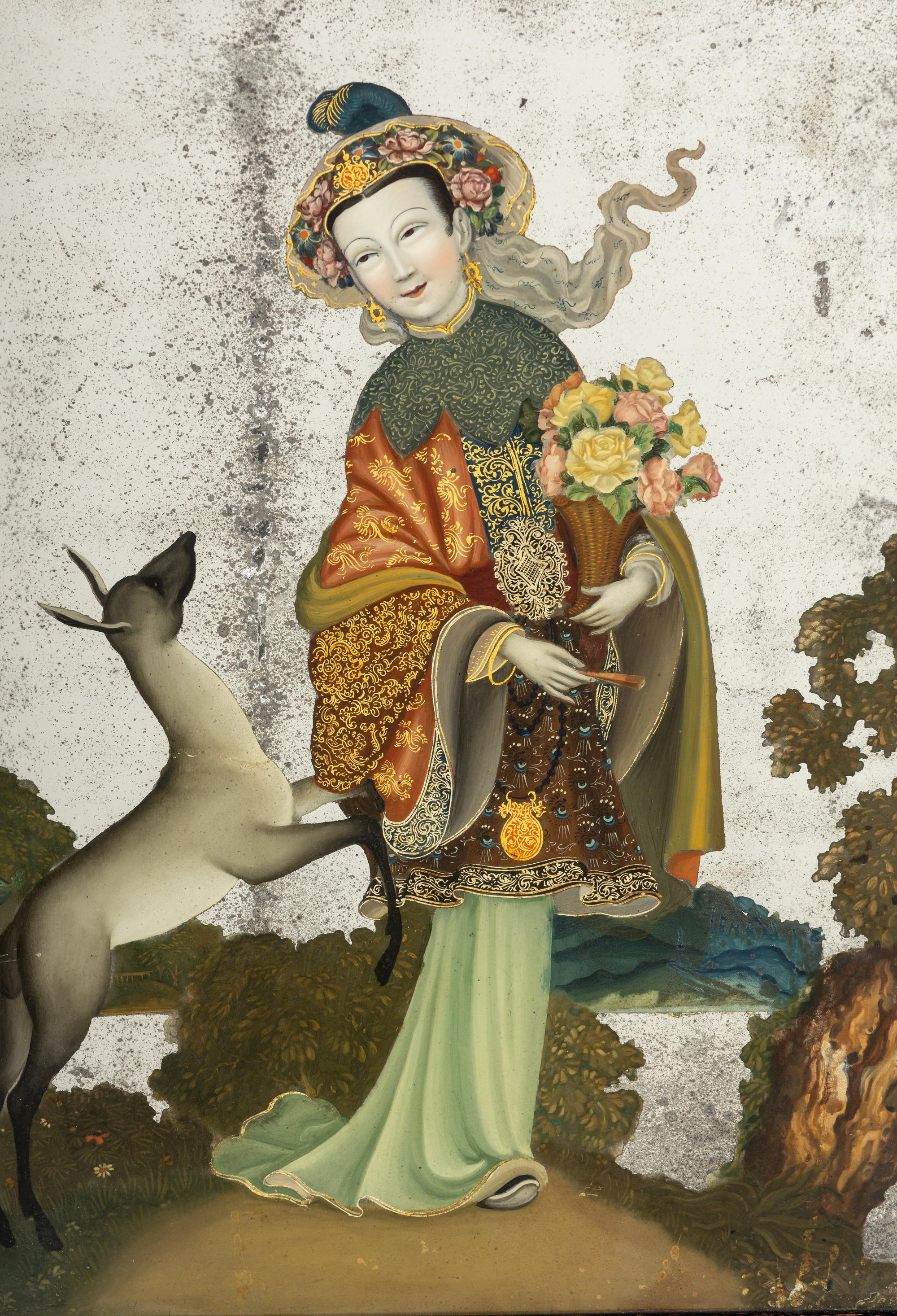 A Pair of Chinese Export Reverse-Painted Mirrors