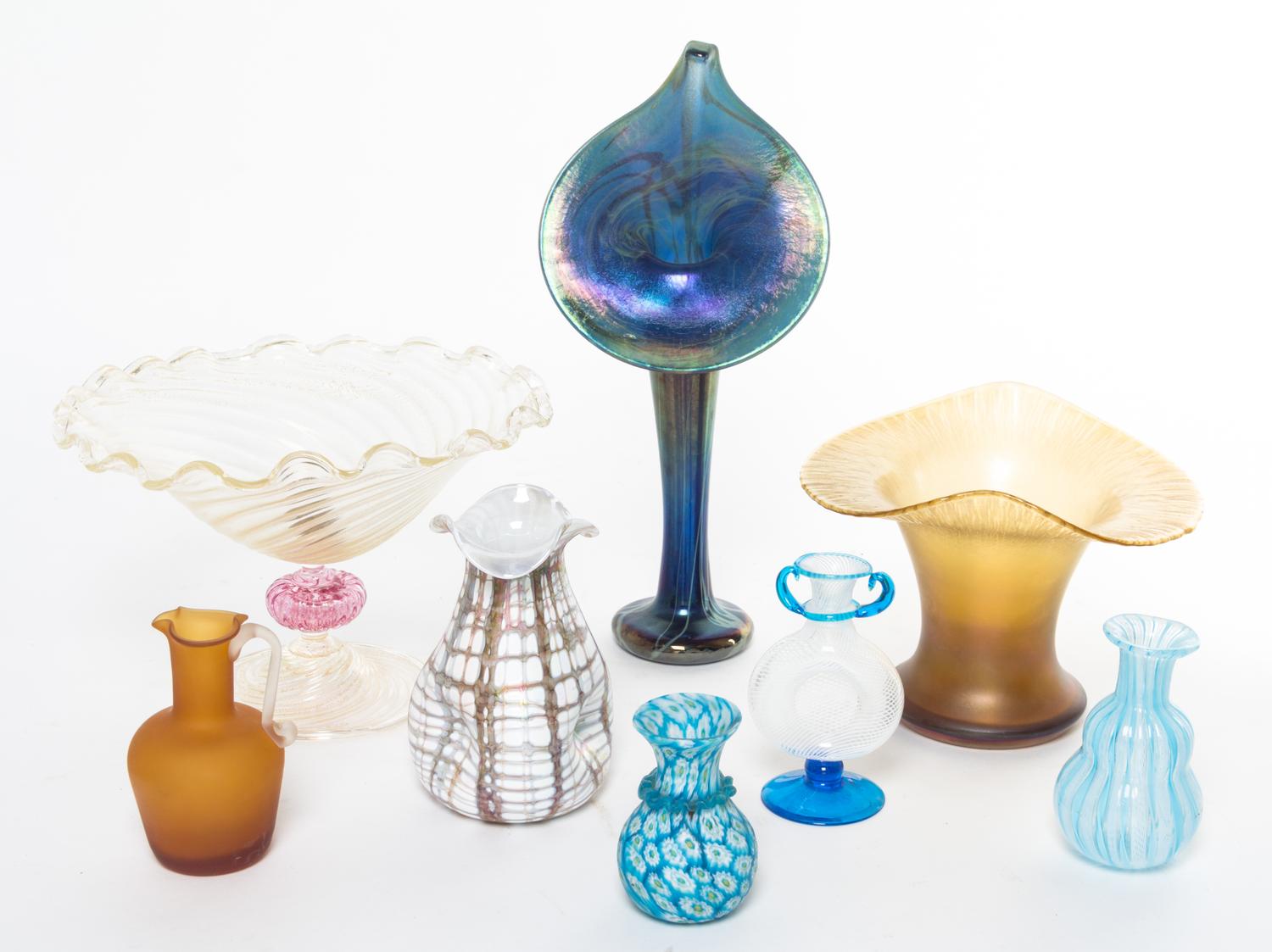 A Group of Studio Glass Vases Height of tallest 13 1/2 inches.