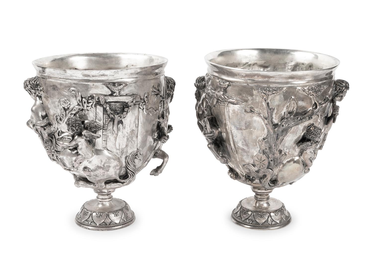 A Pair of Silvered Bronze Chalices After Vincenzo Gemito