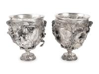 A Pair of Silvered Bronze Chalices After Vincenzo Gemito