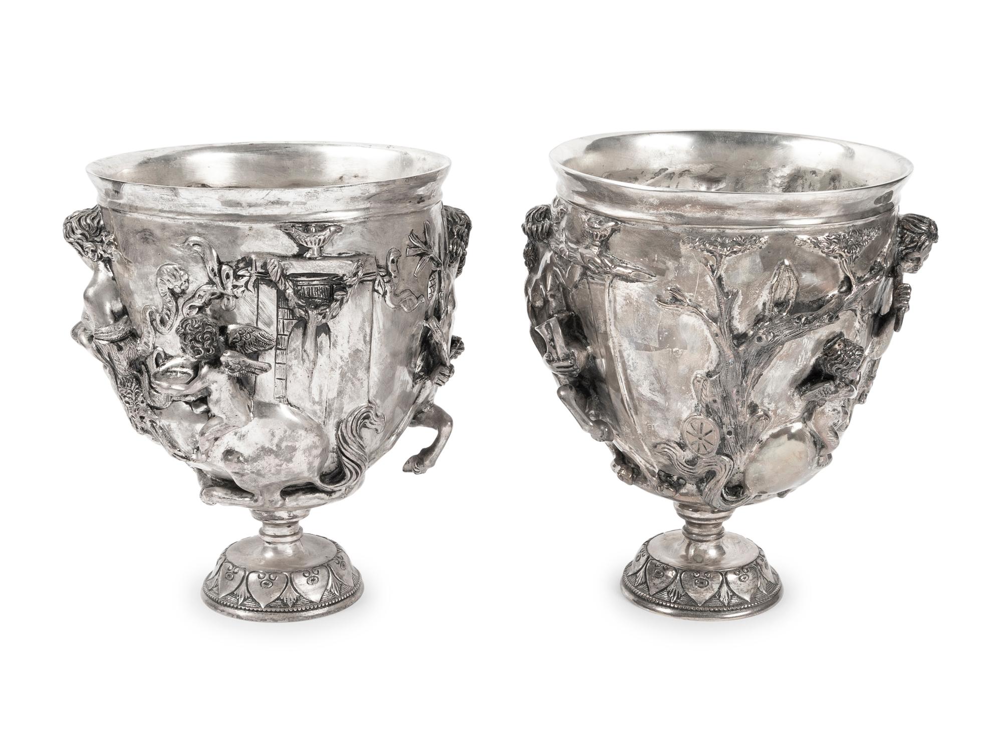 A Pair of Silvered Bronze Chalices After Vincenzo Gemito