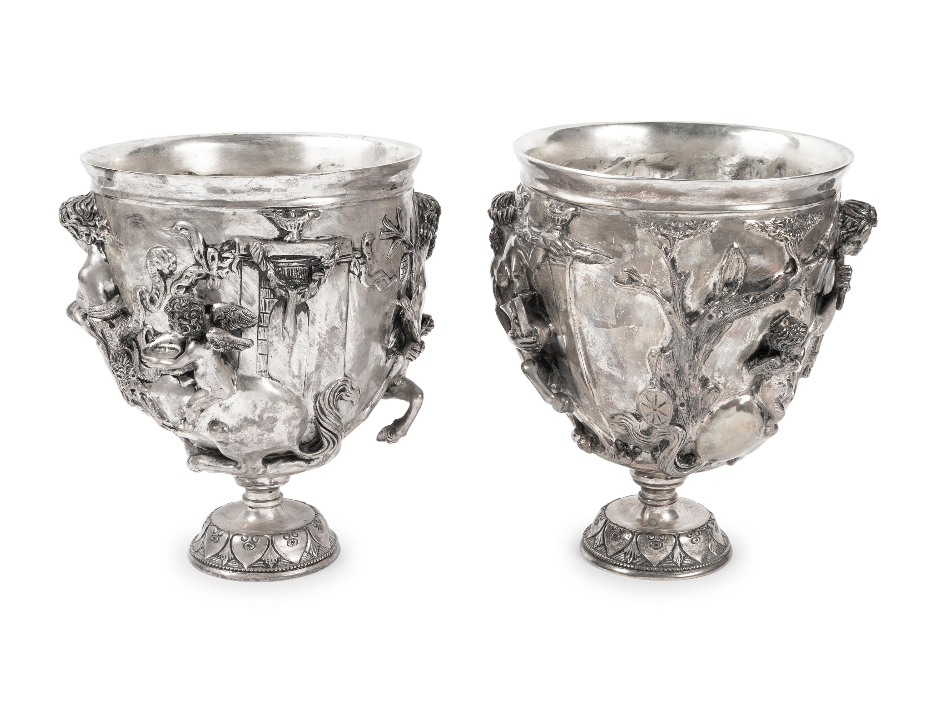 A Pair of Silvered Bronze Chalices After Vincenzo Gemito