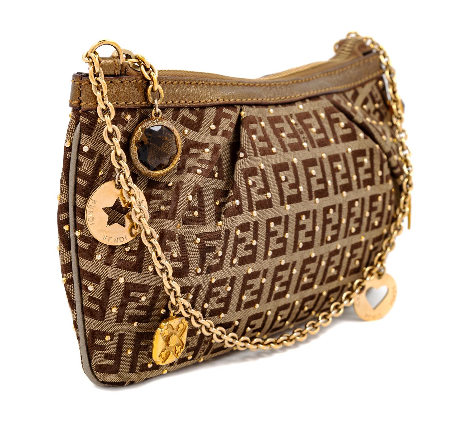 A Fendi Zucchino Studded Pochette, 5" H x 8.25" W x 0.5" D; Strap drop: 7".
