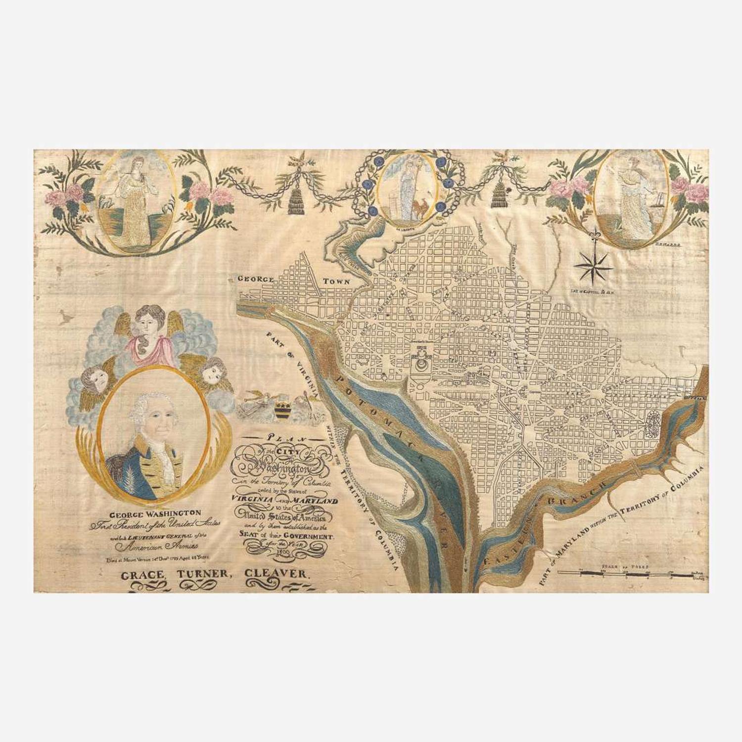 A rare embroidered and painted "Plan of the City of Washington" Worked by Grace Turner Cleaver (1786-1862), Alexandria, VA, circa 1802