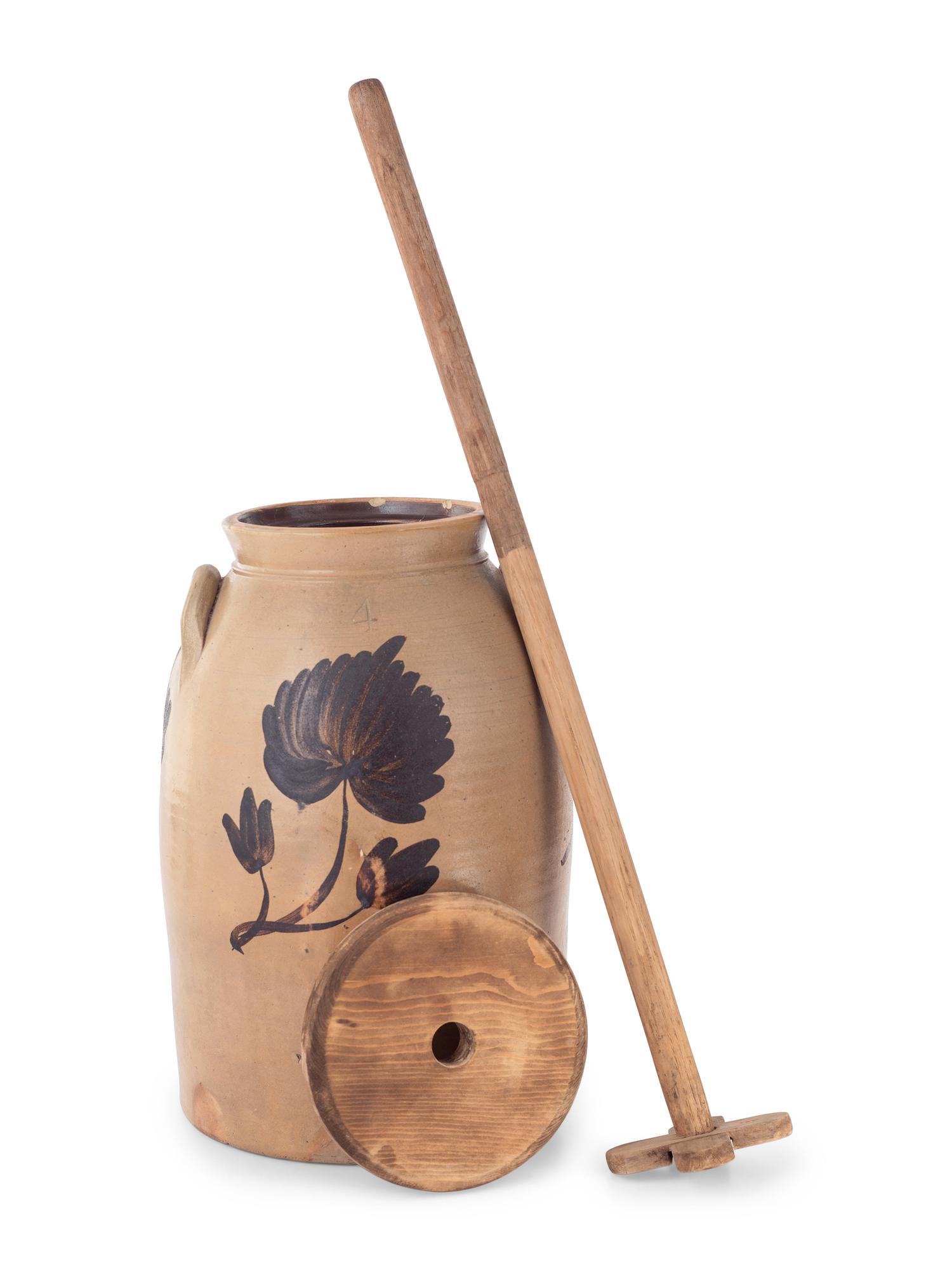 A Four Gallon Stoneware Butter Churn