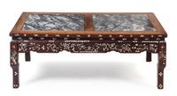 A Chinese Marble-Inset and Mother-of-Pearl Inlaid Low Table Height 18 x width 48 1/2 x depth 16 inches. — EARLY 20TH CENTURY