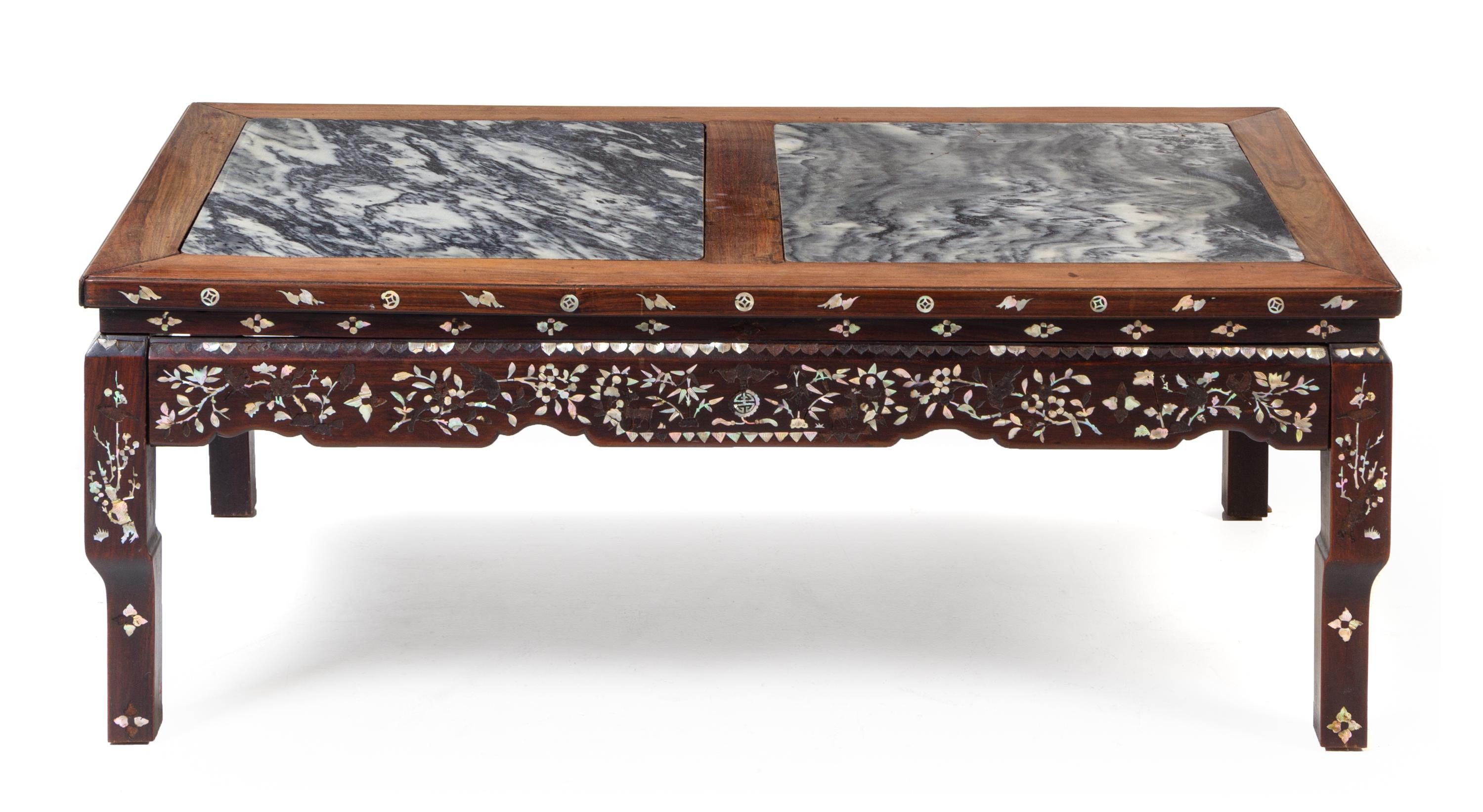 A Chinese Marble-Inset and Mother-of-Pearl Inlaid Low Table Height 18 x width 48 1/2 x depth 16 inches. — EARLY 20TH CENTURY