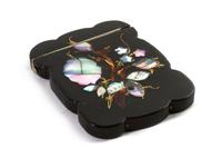 A Victorian Lacquered and Mother-of-Pearl Inset Card Case, Height 4 1/8 inches.