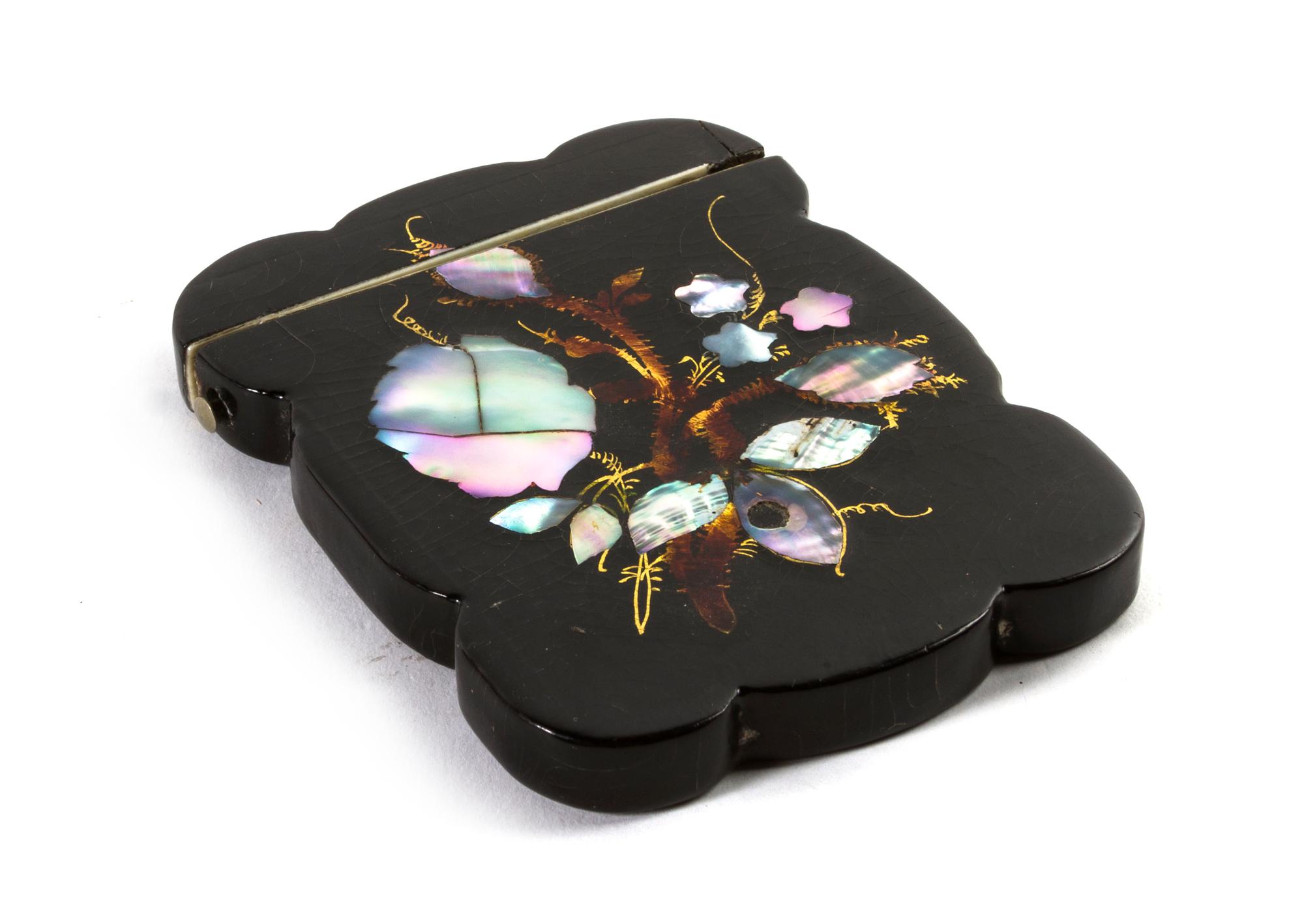 A Victorian Lacquered and Mother-of-Pearl Inset Card Case, Height 4 1/8 inches.