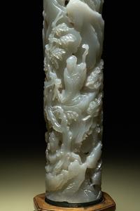 A Pair of Carved Celadon Jade Cylindrical Parfumiers