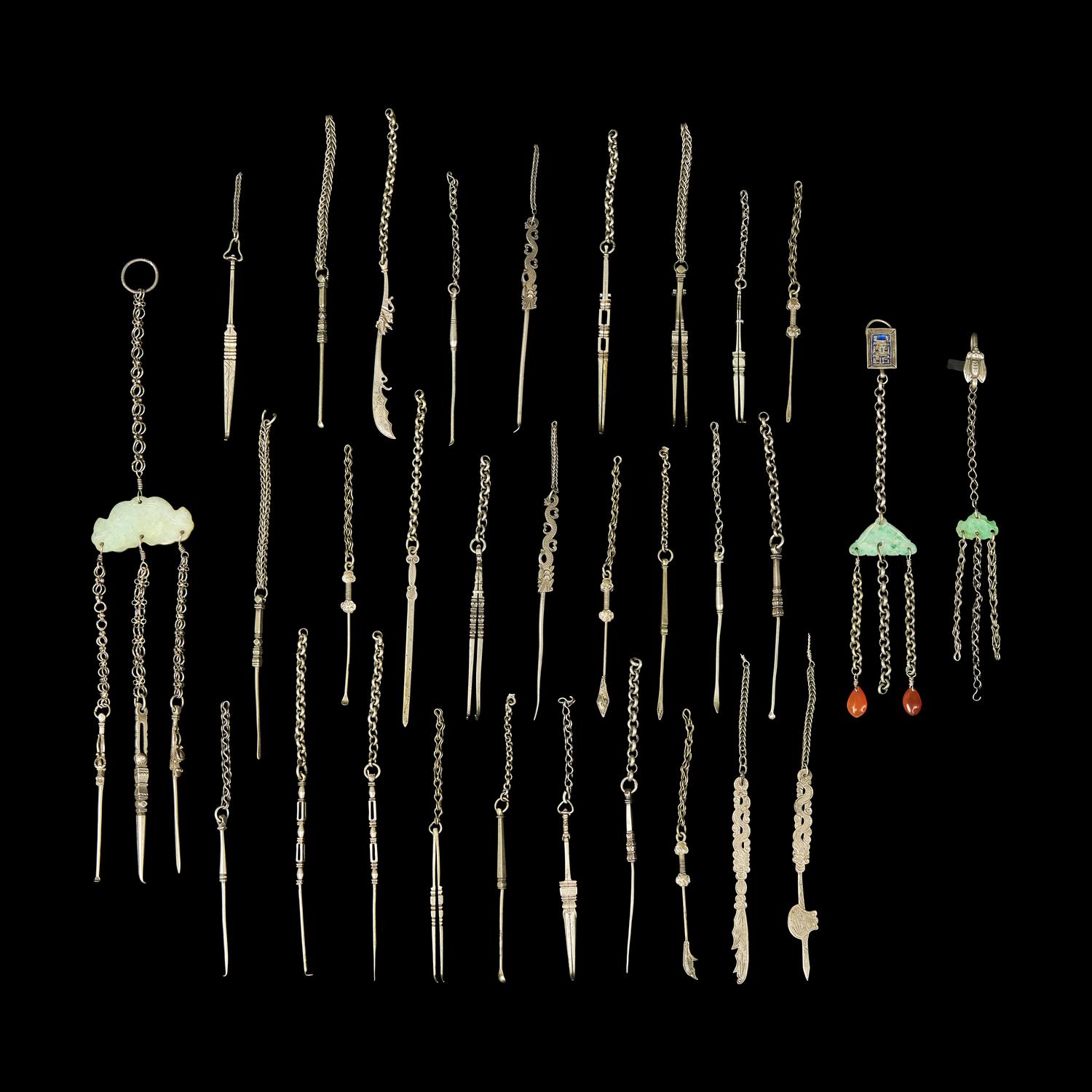A Large Group of 31 Chinese Silver Tools, Qing Dynasty and Earlier 清及更早 銀事件兒一組