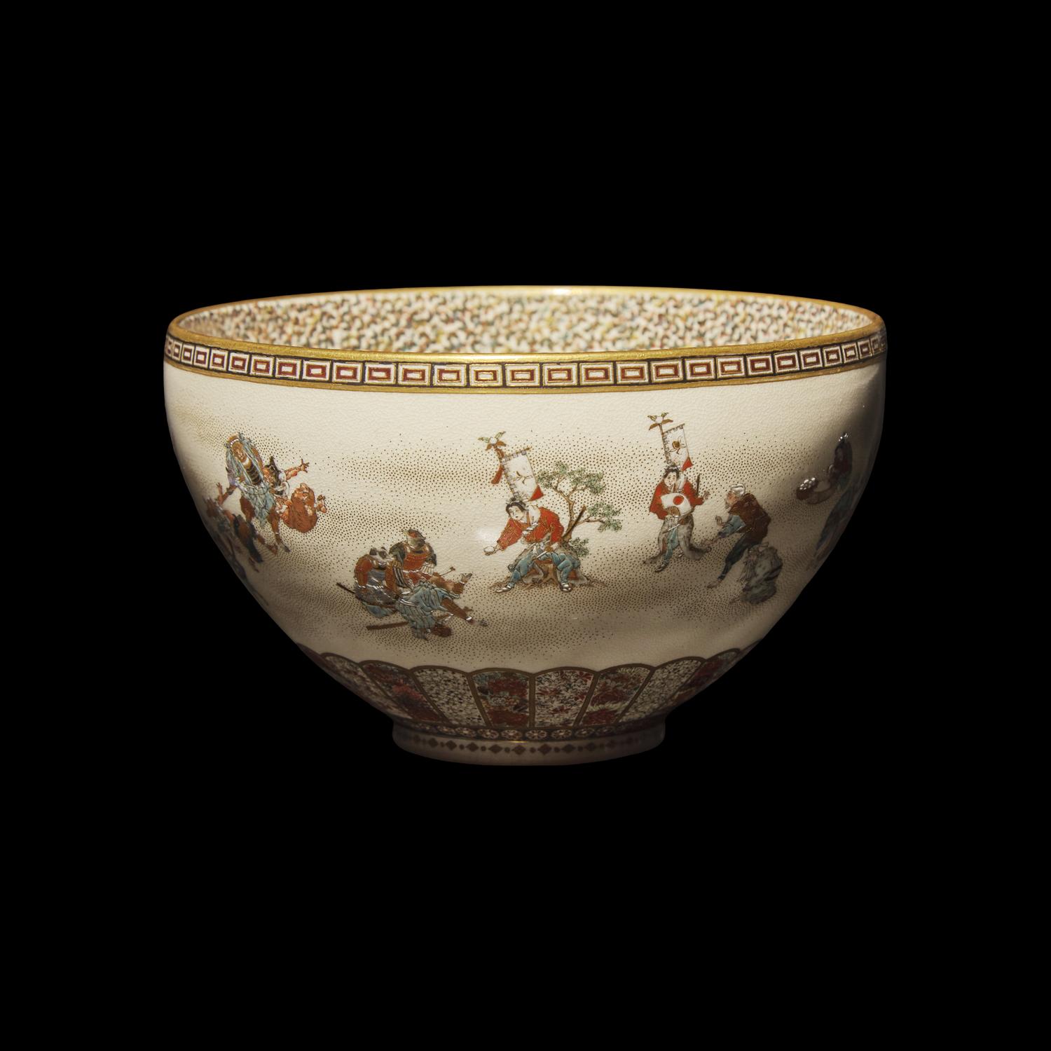 A Japanese Satsuma Type Enameled Pottery Momotaro Bowl, Yabu Meizan, Meiji Period