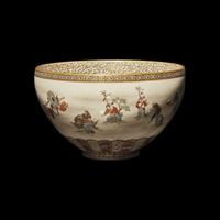 A Japanese Satsuma Type Enameled Pottery Momotaro Bowl, Yabu Meizan, Meiji Period
