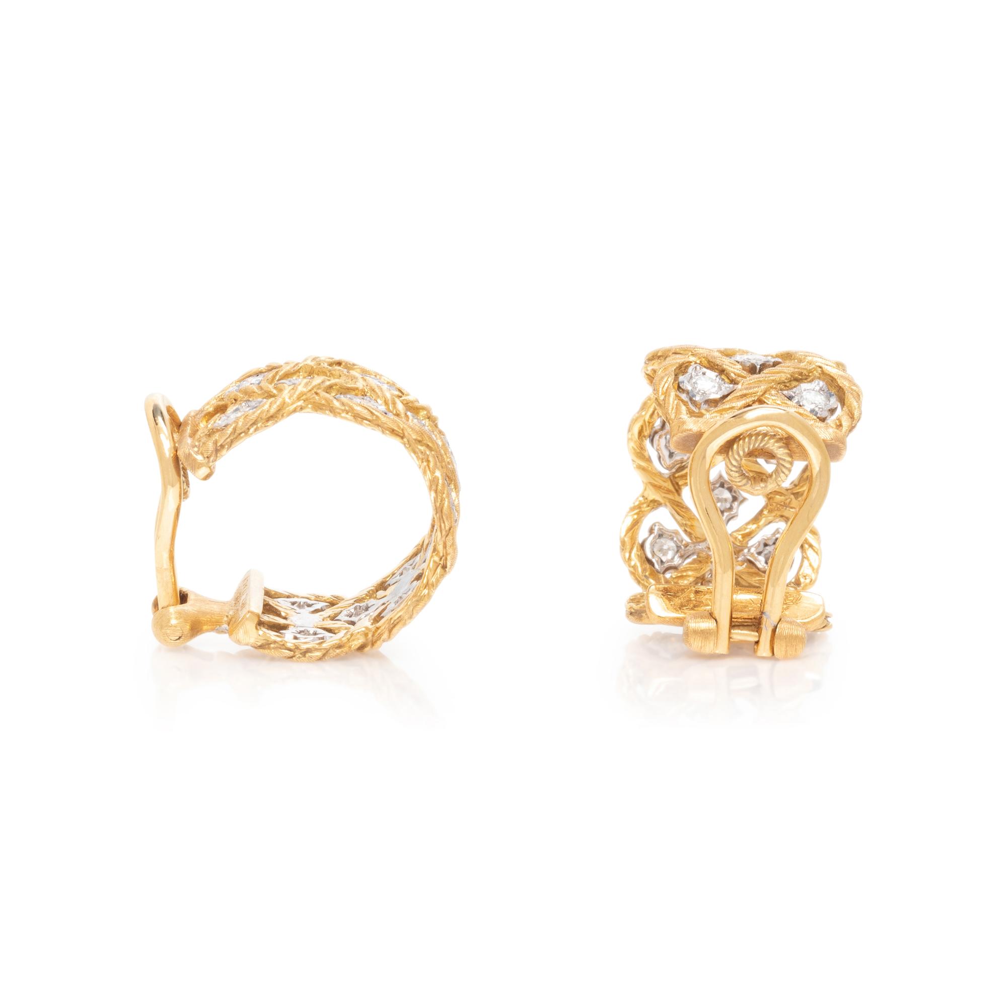 BUCCELLATI, BICOLOR GOLD AND DIAMOND 'ÉTOILÉE' HOOP EARCLIPS