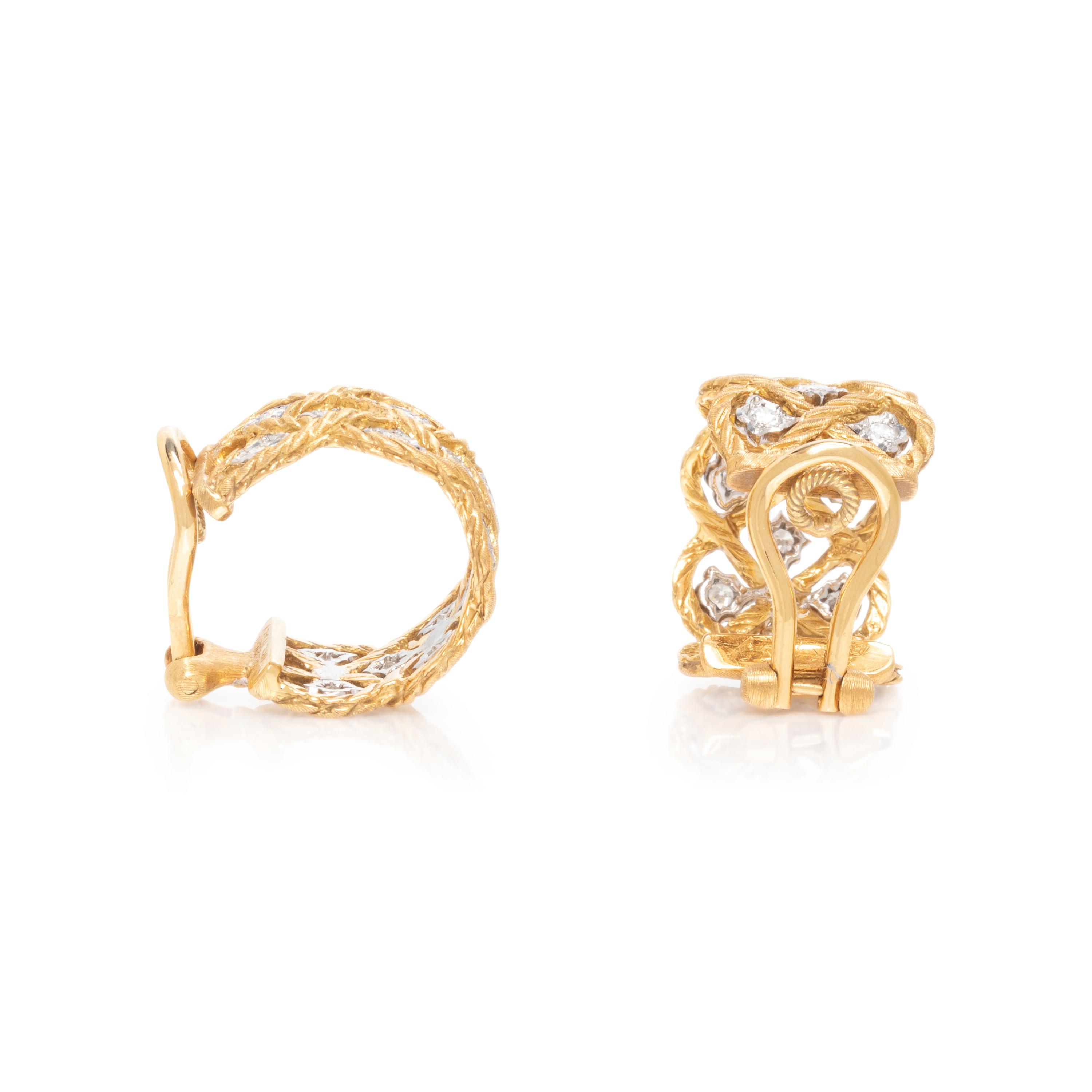 BUCCELLATI, BICOLOR GOLD AND DIAMOND 'ÉTOILÉE' HOOP EARCLIPS