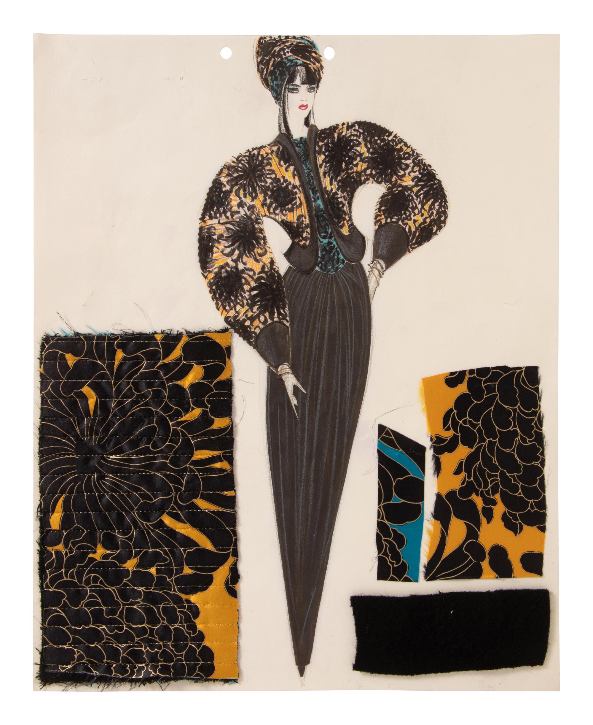 Geoffrey Beene Fashion Illustration and Fabric Swatches, c.1986
