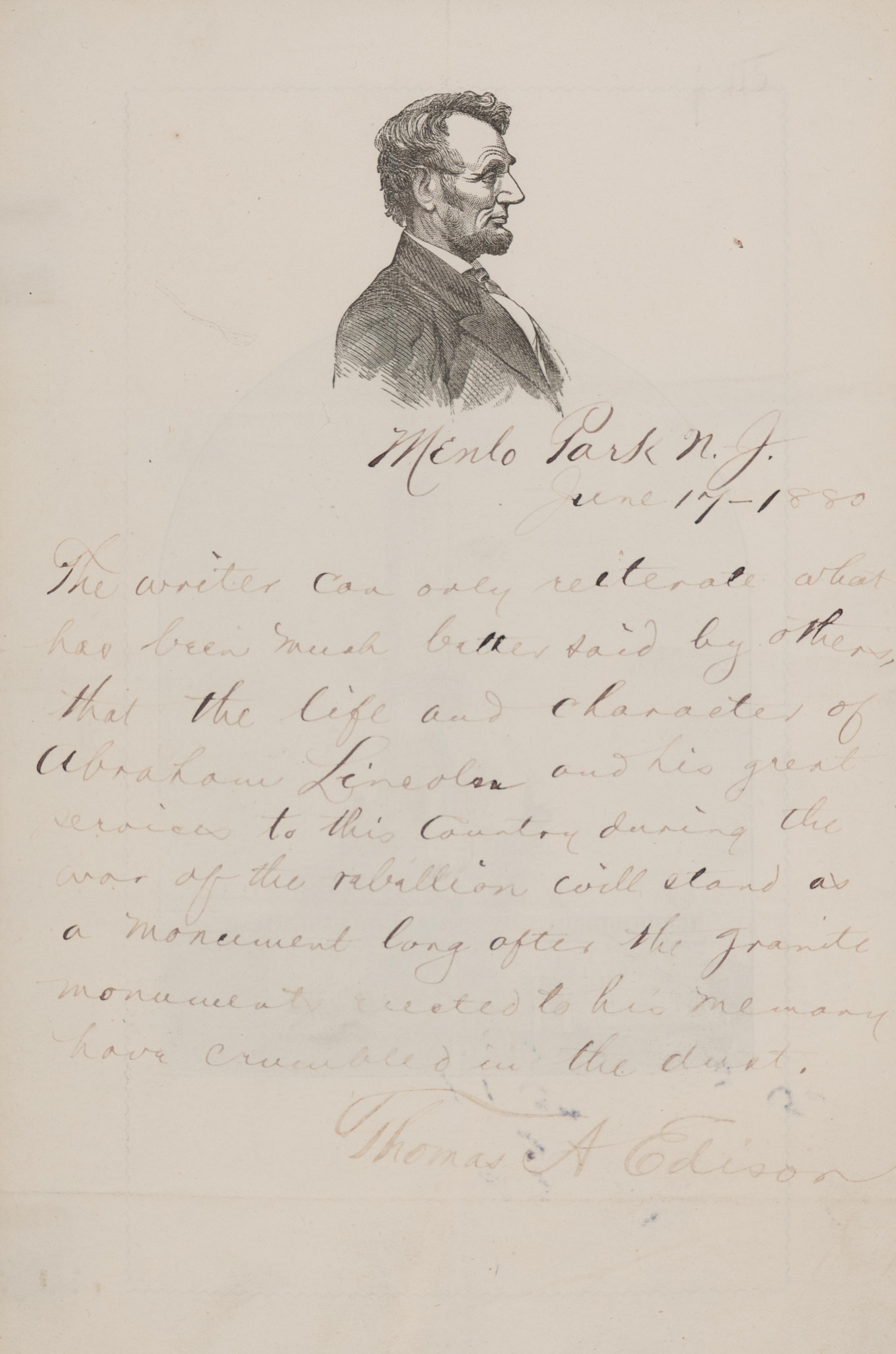 [LINCOLN, Abraham (1809-1865)]. EDISON, Thomas Alva (1847-1931). Autograph note signed ("Thomas A. Edison"), Menlo Park, New York, 17 June 1880.