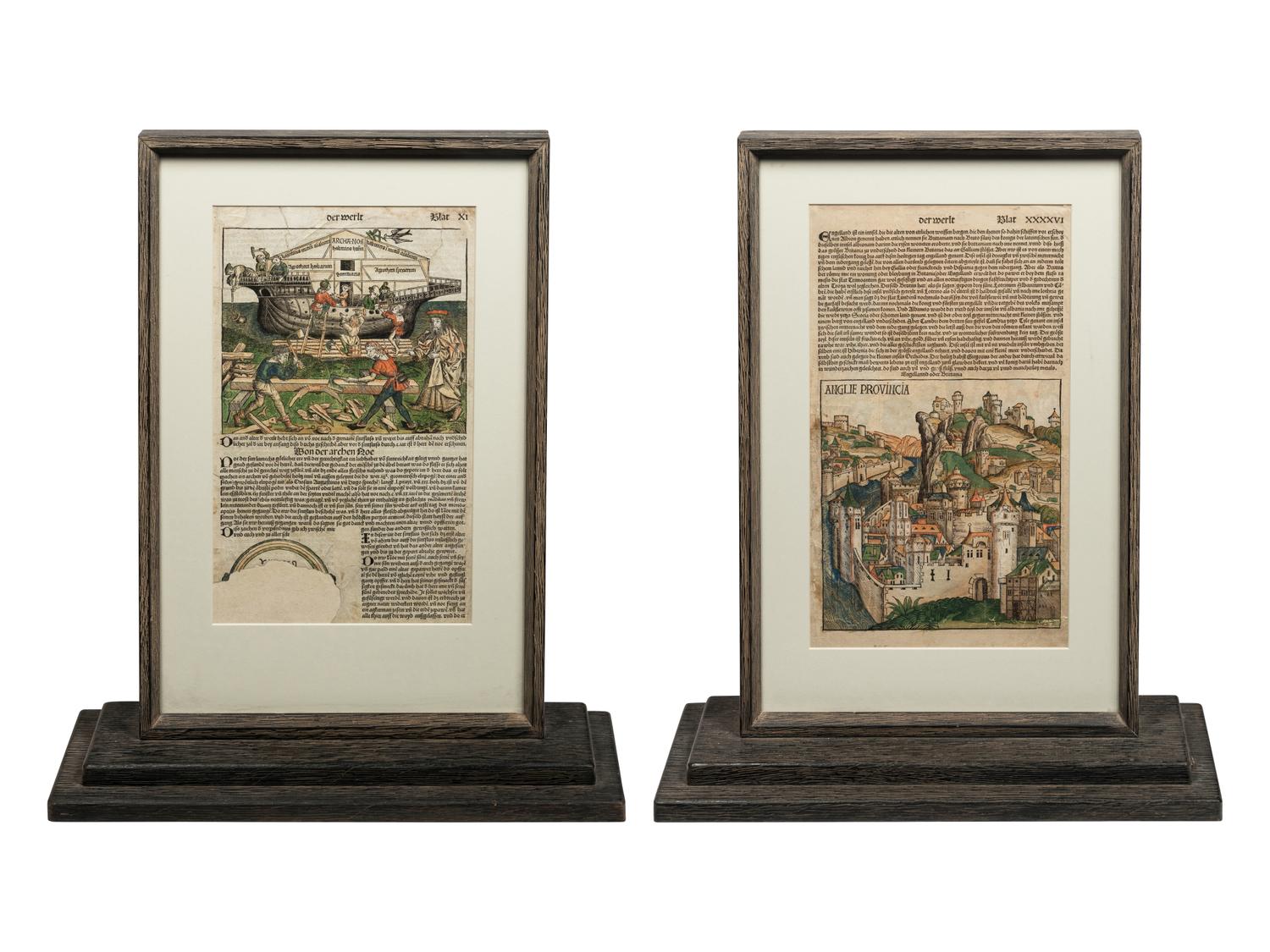 [LEAVES -- INCUNABULA] -- [SCHEDEL, Hartmann]. Two Incunabula leaves with hand-coloring from the Liber Chonicarum , or Nuremberg Chronicle . [Nuremberg, 1493].