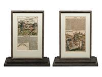 [LEAVES -- INCUNABULA] -- [SCHEDEL, Hartmann]. Two Incunabula leaves with hand-coloring from the Liber Chonicarum , or Nuremberg Chronicle . [Nuremberg, 1493].