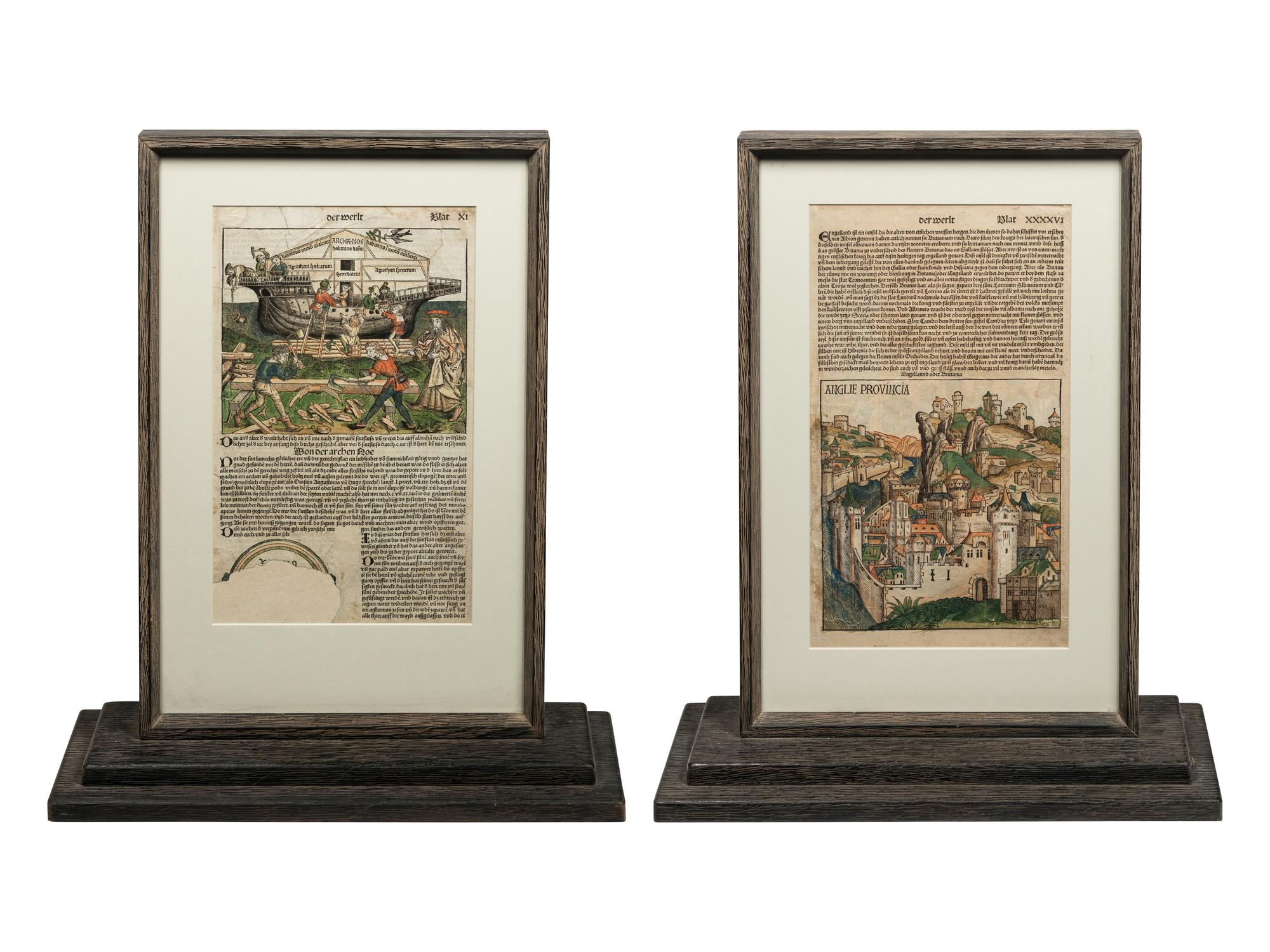 [LEAVES -- INCUNABULA] -- [SCHEDEL, Hartmann]. Two Incunabula leaves with hand-coloring from the Liber Chonicarum , or Nuremberg Chronicle . [Nuremberg, 1493].