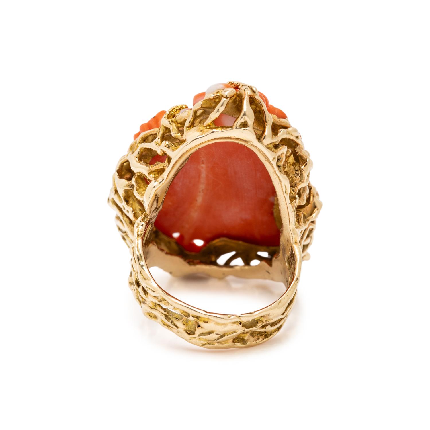 CARVED CORAL AND YELLOW GOLD RING