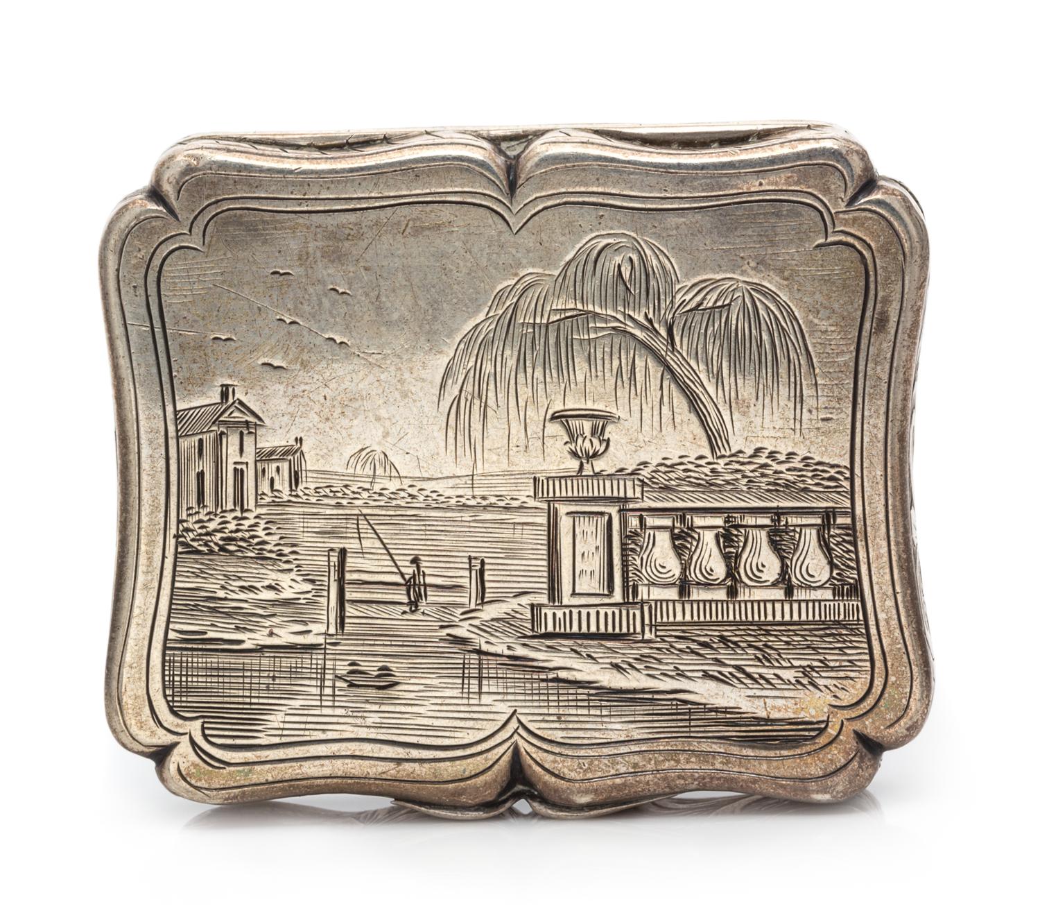 A Victorian Silver Vinaigrette, Edward Smith, Birmingham, 1844, the lid decorated with a pastoral scene, the case with floral and folia