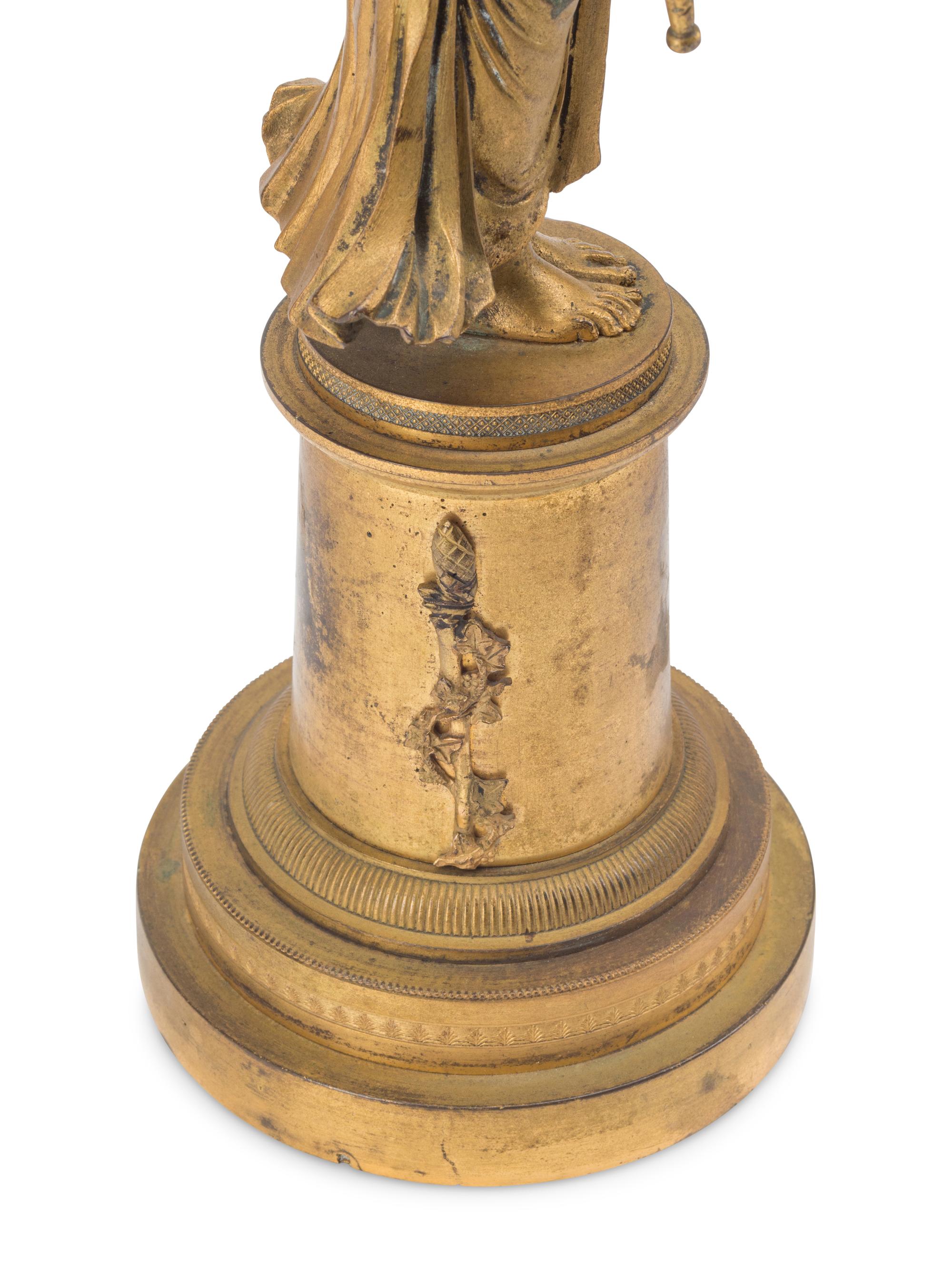A Pair of Empire Style Gilt Bronze Three-Light Figural Candelabra