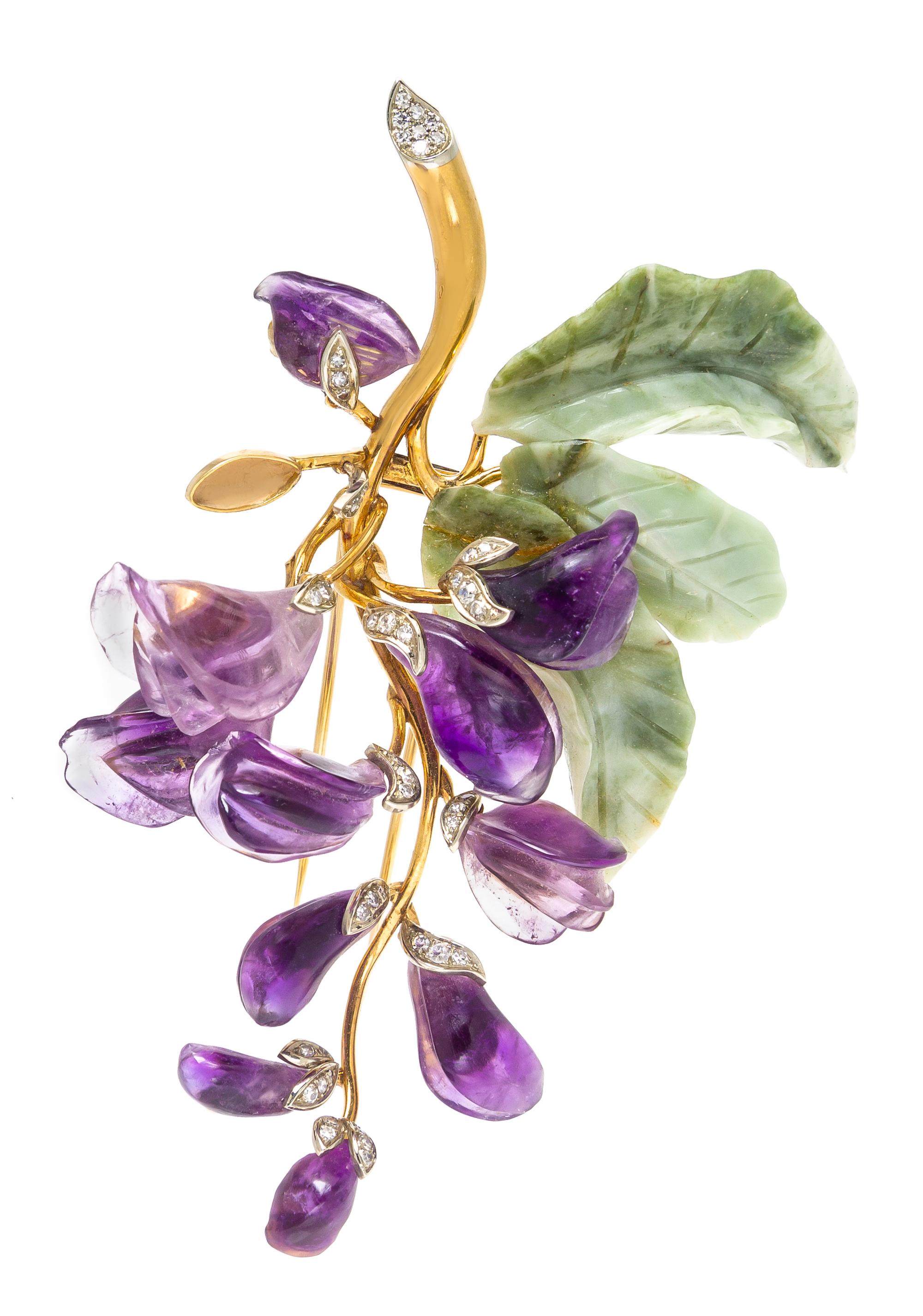 An 18 Karat Bicolor Gold, Amethyst, Hardstone and Diamond Flower Brooch, Austrian, 35.00 dwts.